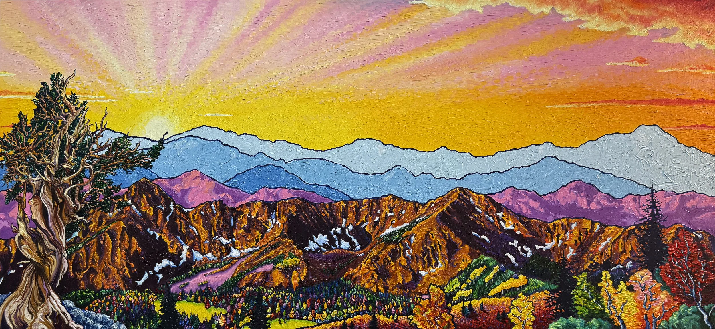 Colorful landscape painting of mountains at sunset, featuring a twisted tree in the foreground, vibrant skies with pink, yellow, and purple hues, and snow-capped peaks in the distance.