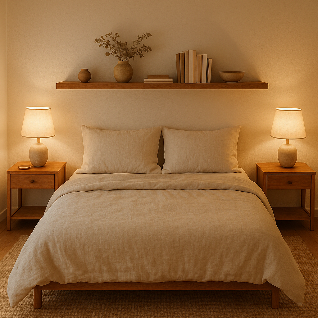 A cozy bedroom with a neatly made bed, two matching nightstands with lamps, and a minimalist wooden shelf with decorative vases, books, and bowls.