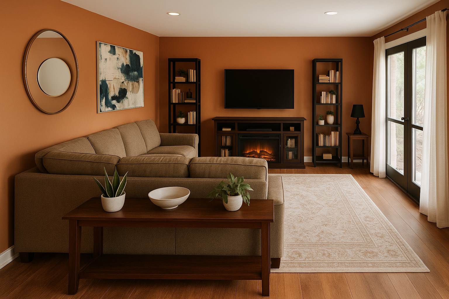 Living room with a beige couch, wooden side table with potted plants, wall art, a TV, electric fireplace, two black bookshelves, window with white curtains, and hardwood flooring.