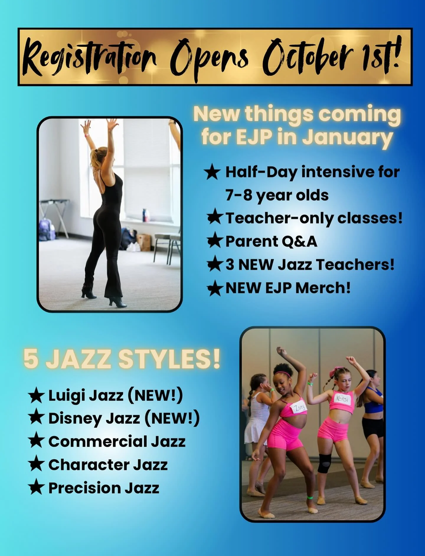 We’re SO excited! EJP 2.0 is a GO for January 10th!🔥
Here’s a list of some new additions you did & didn’t ask for 😏
Teacher-only classes? ✅
7-8 year old classes? ✅
Parent Q and A? ✅
New merch? ✅
Fierce jazz faculty? ✅
Stay