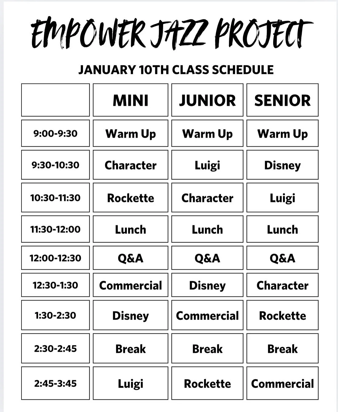 It&rsquo;s HERE!! 🙌🏻

Empower Jazz Project 2.0 is tomorrow and we&rsquo;ve got your official schedule! 

Registration is open from 8:30-9 and classes officially kick off at 9:30!

Got a question?  Send us a DM and we will get back with you asap!  P