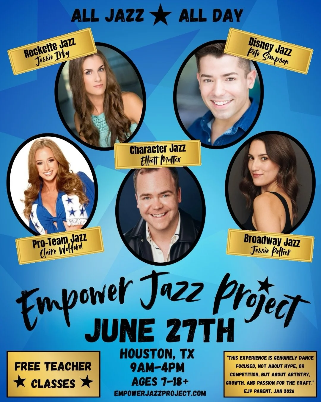 June Empower Jazz Project is just around the corner! 

⭐️Spend the day dancing and training with professional dancers who have all had incredible careers (rooted in jazz dance of course!)

Ages 7-18+
Dance teachers = FREE CLASSES! 😎
Houston, Texas (