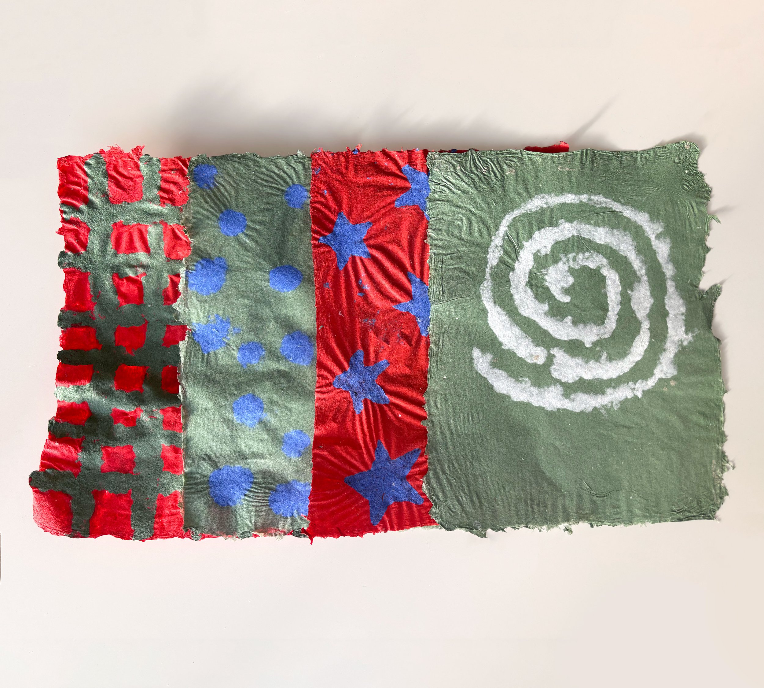 Assorted Pulp Paintings- 
Bleached abaca and cotton linters, retention aid, Twinrocker aqueous pigments, earth pigments, 
12” x 16”, 
2025