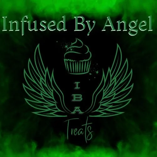 Green and black graphic with the text 'Infused By Angel IBA Treats'. It features a cupcake with wings and a star, with a green nebula background.
