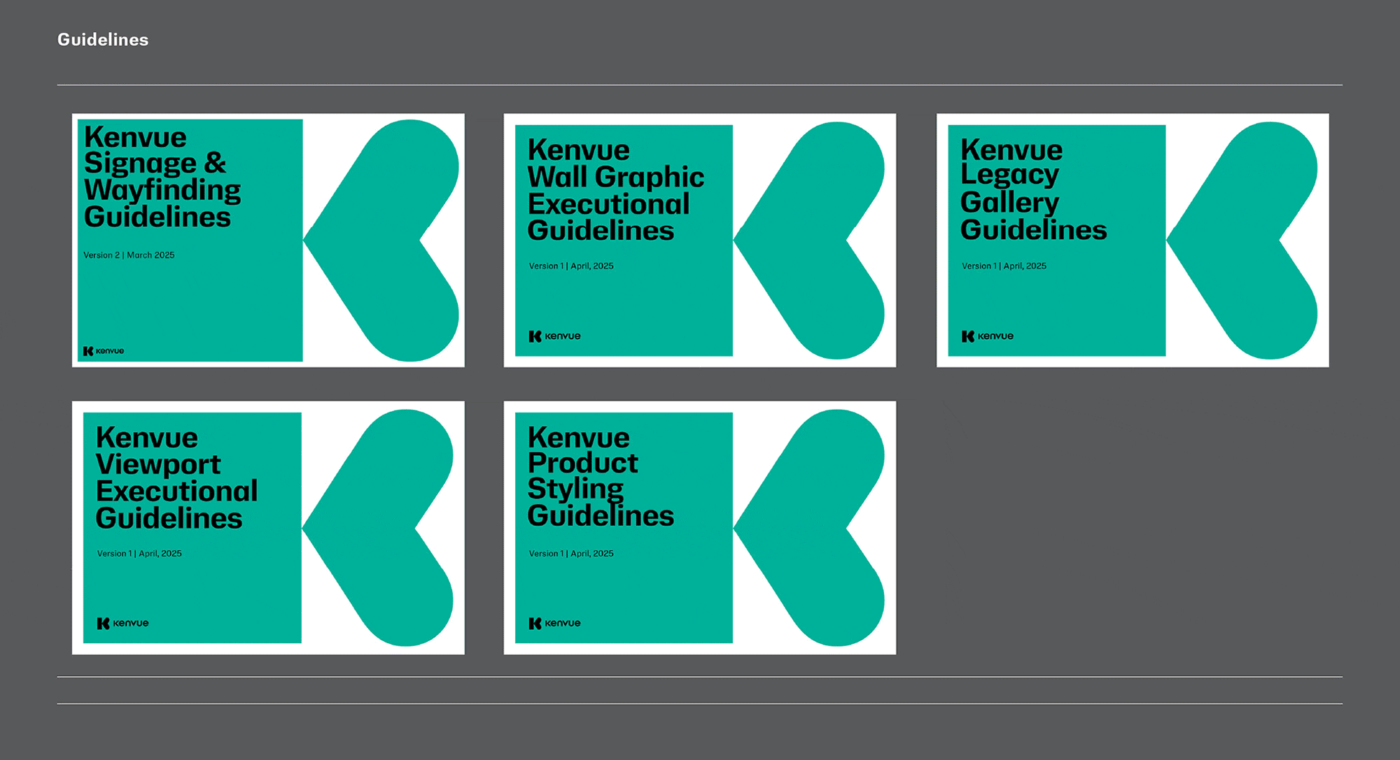 Guidelines documents with teal and black text on a grey background, including titles like 'Kenvue Signage & Wayfinding Guidelines' and 'Kenvue Wall Graphic Executional Guidelines'.