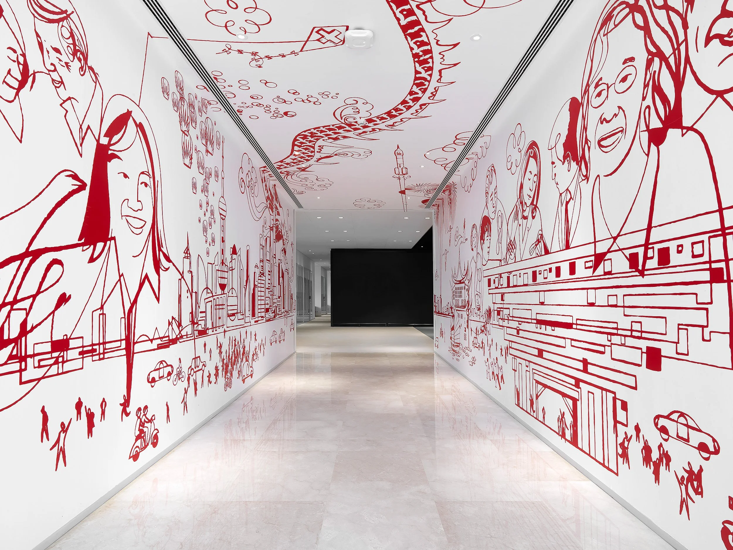 White hallway walls covered with red line art illustrations of people, cityscapes, and various objects, with a black doorway at the end and a white ceiling with recessed lighting.