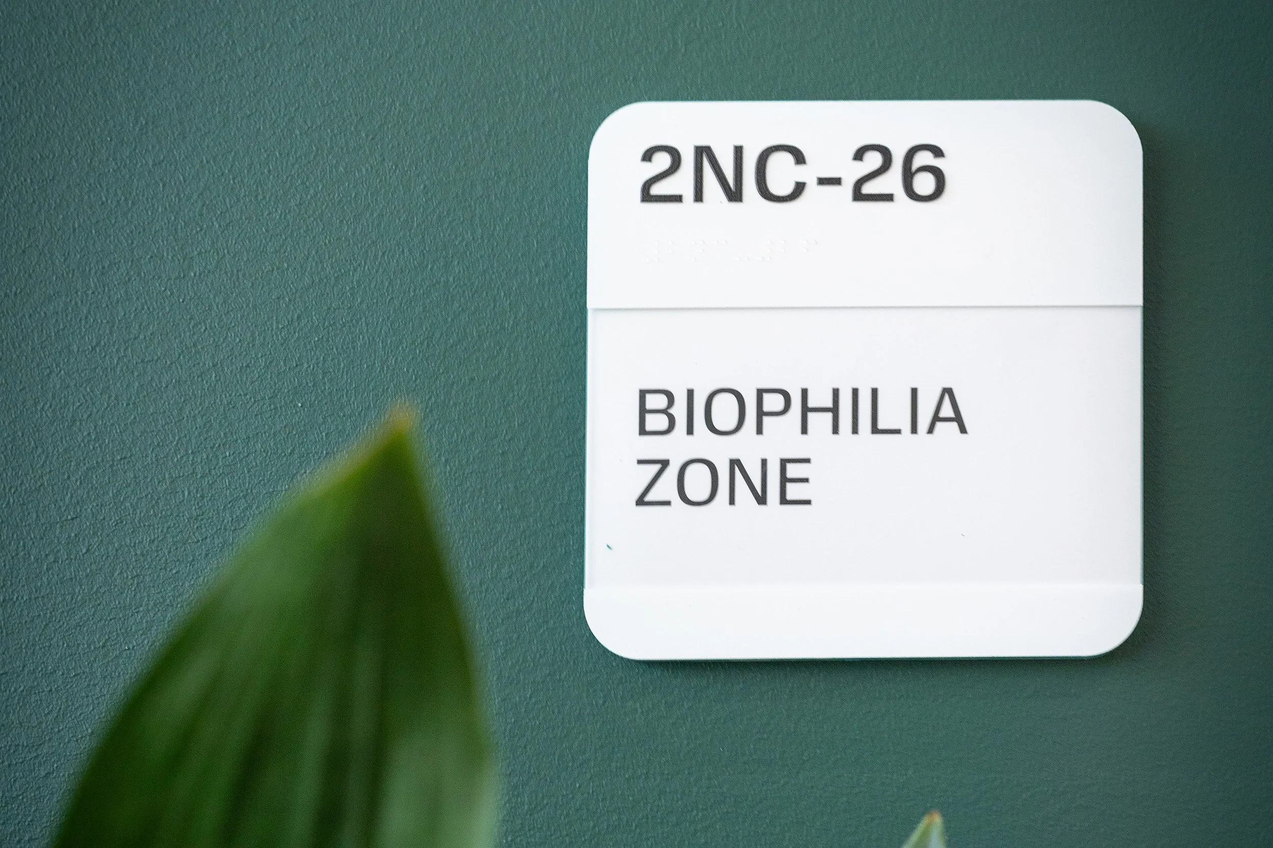 A white sign with black text reading '2NC-26 BIOPHILIA ZONE' is mounted on a textured green wall, partially obscured by a green plant in the foreground.