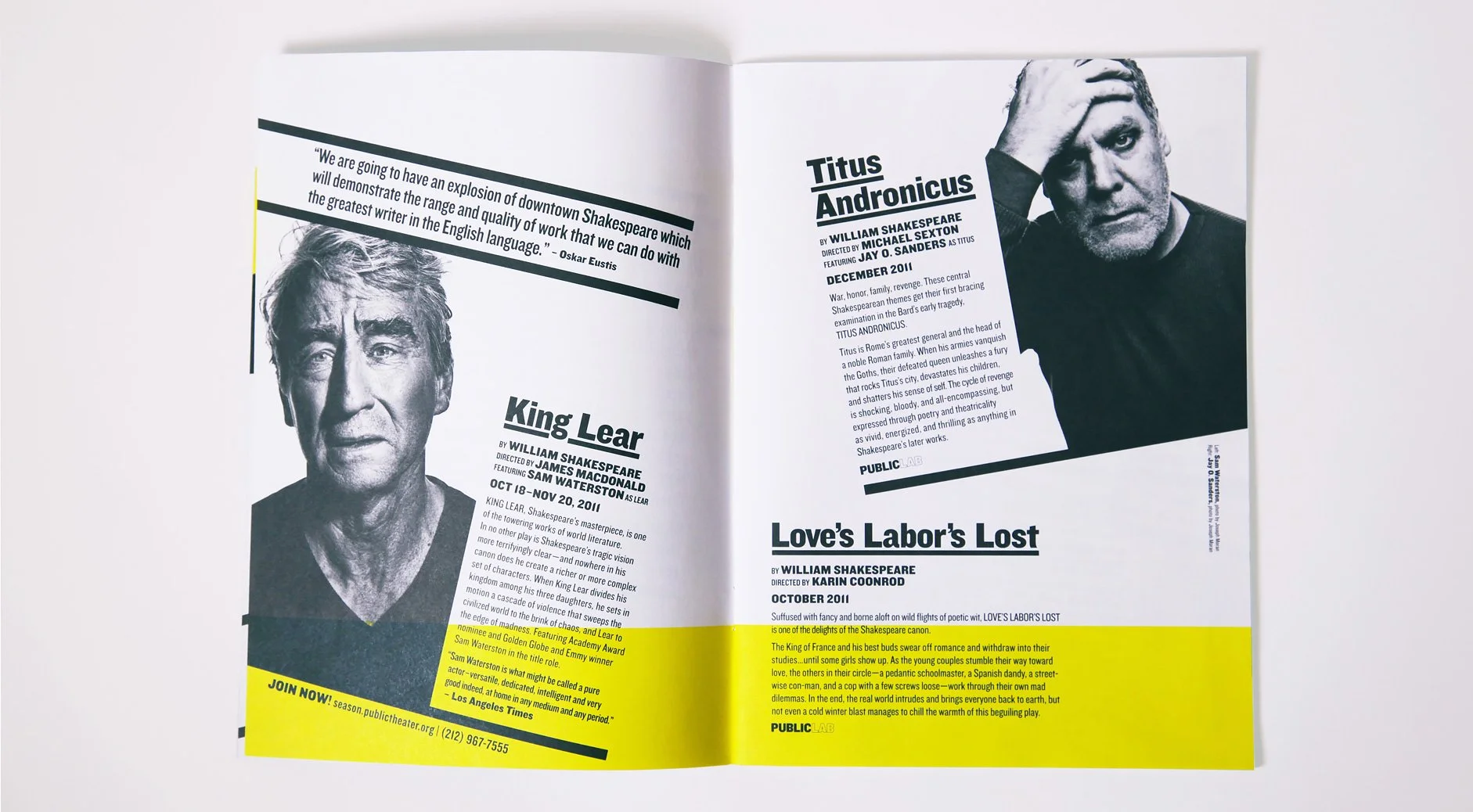Open booklet with black and white images and text about Shakespeare plays, including 'King Lear', 'Titus Andronicus', and 'Love's Labor's Lost' with quotes, descriptions, and production details.