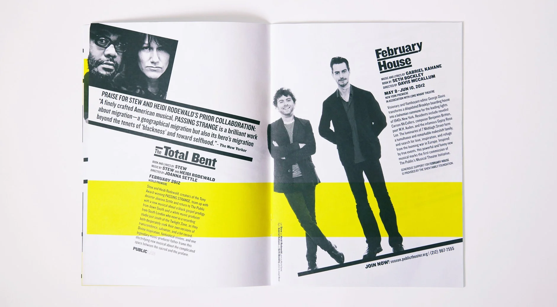 Open magazine featuring a black-and-white photograph of three men, with one smaller image of two people on the upper left, and text about a February theater production called 'The Total Bent' with yellow highlight on part of the page.