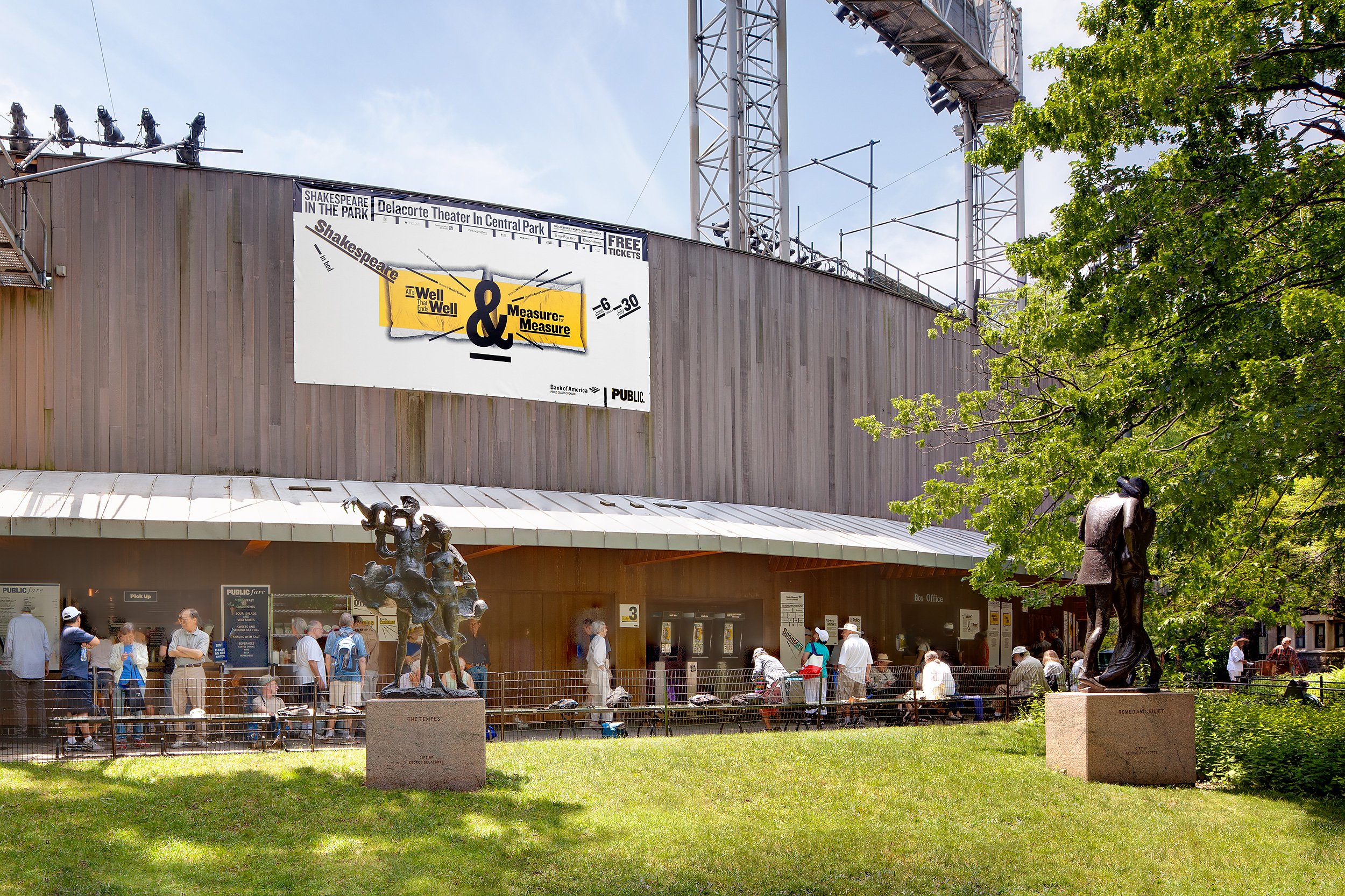 People waiting in line outside a theatre entrance, with statues of characters from Greek mythology in the foreground and a large sign promoting an event related to Shakespeare and Measure for Measure.