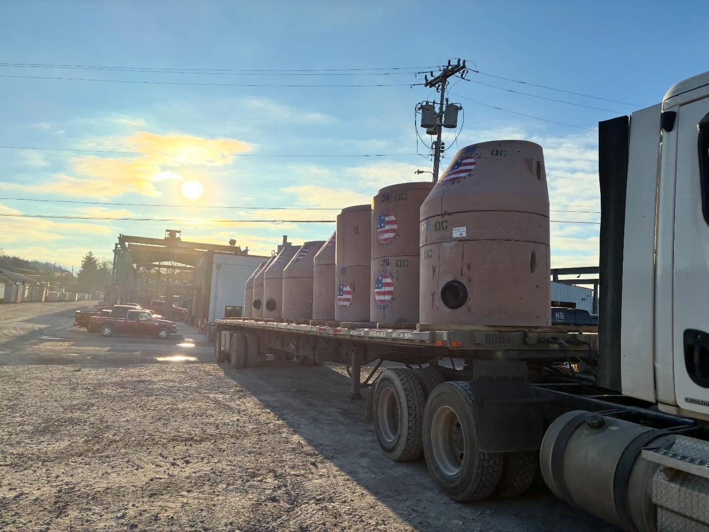 Sunrise loads, American-made strength. 🇺🇸
From our yard to your jobsite&mdash;built to last and ready to work.

#JarrettConcrete #PrecastConcrete #MadeInAmerica #ConcreteLife #BuiltStrong JobsiteReady