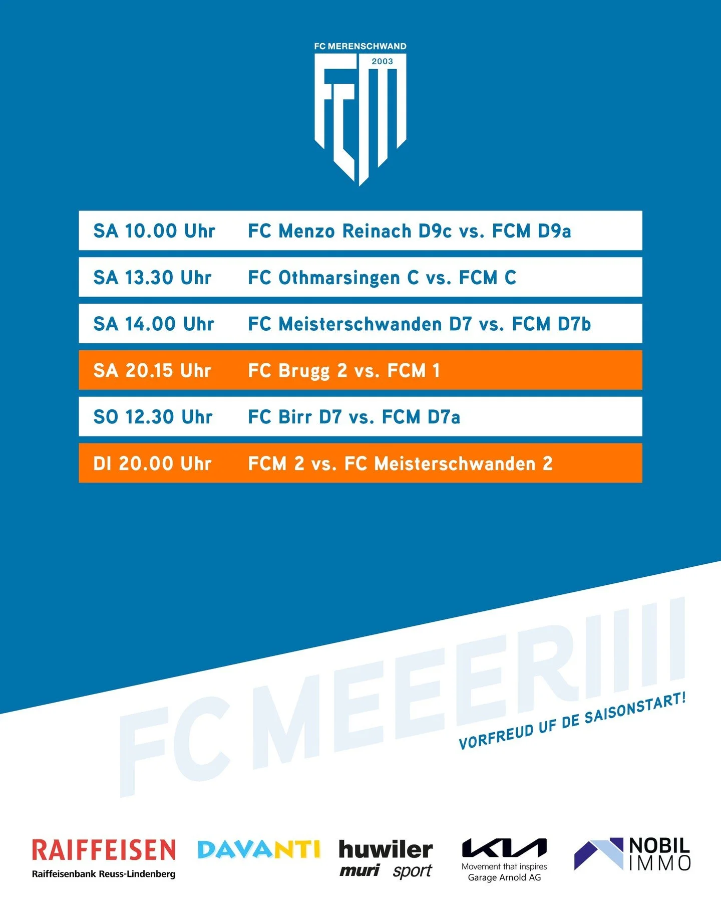 Der Ball rollt endlich wieder 🤩 🙌🏼 ⚽️
Dieses Wochenende starten unsere Teams endlich wieder in die Meisterschaft. Am Samstag und Sonntag stehen die ersten Ausw&auml;rtsspiele sowohl f&uuml;r die Juniorenteams wie auch die 1. Mannschaft an, kommend