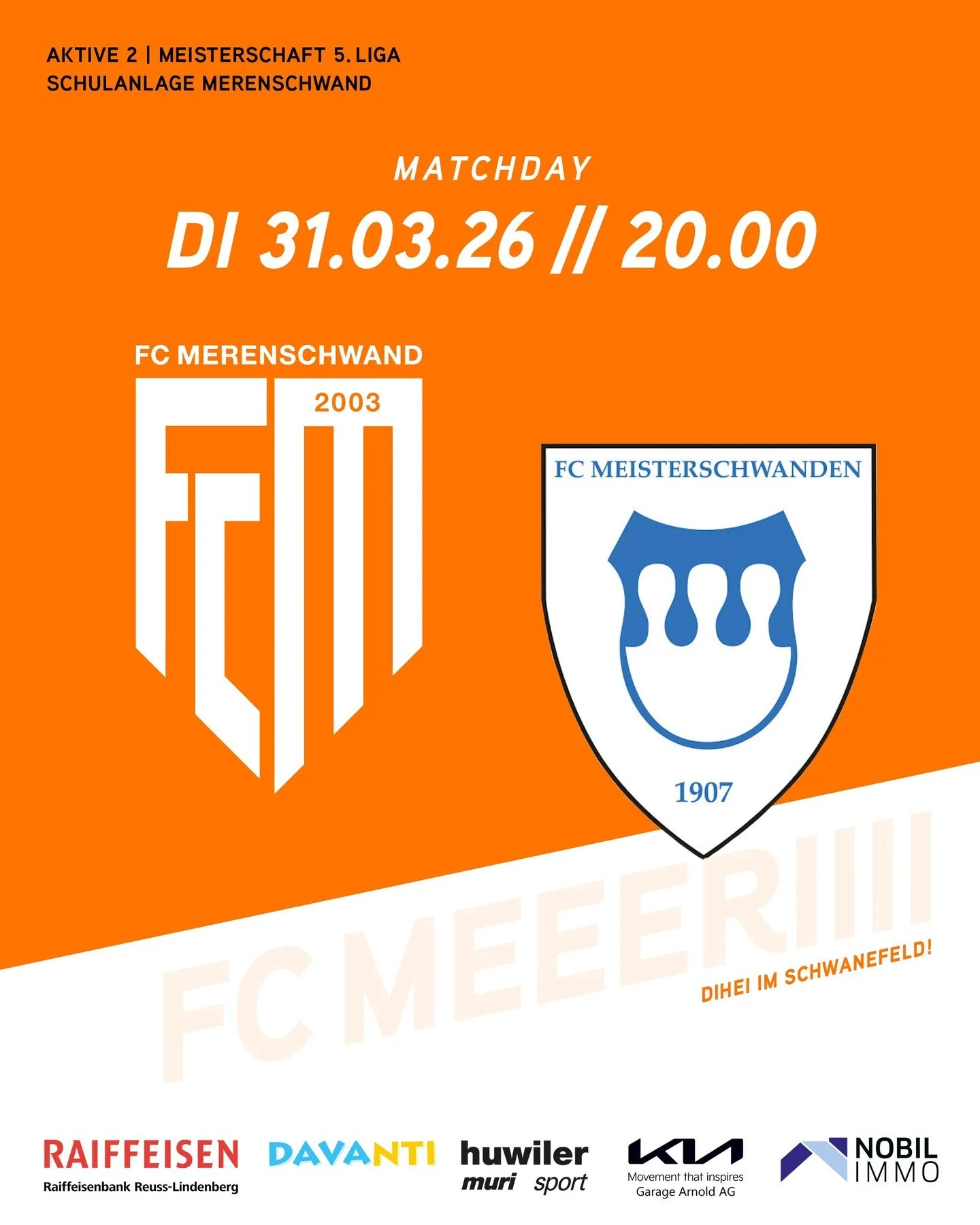 MATCHDAY🔥
Heute steigt auch unsere zweite Mannschaft wieder in die Meisterschaft ein, man trifft zuhause um 20.00 Uhr auf den FC Meisterschwanden 2. 

Wie lautet dein Resultat-Tipp? 🧡🤍
#fcmerenschwand #kreisliga #schwanenfeld