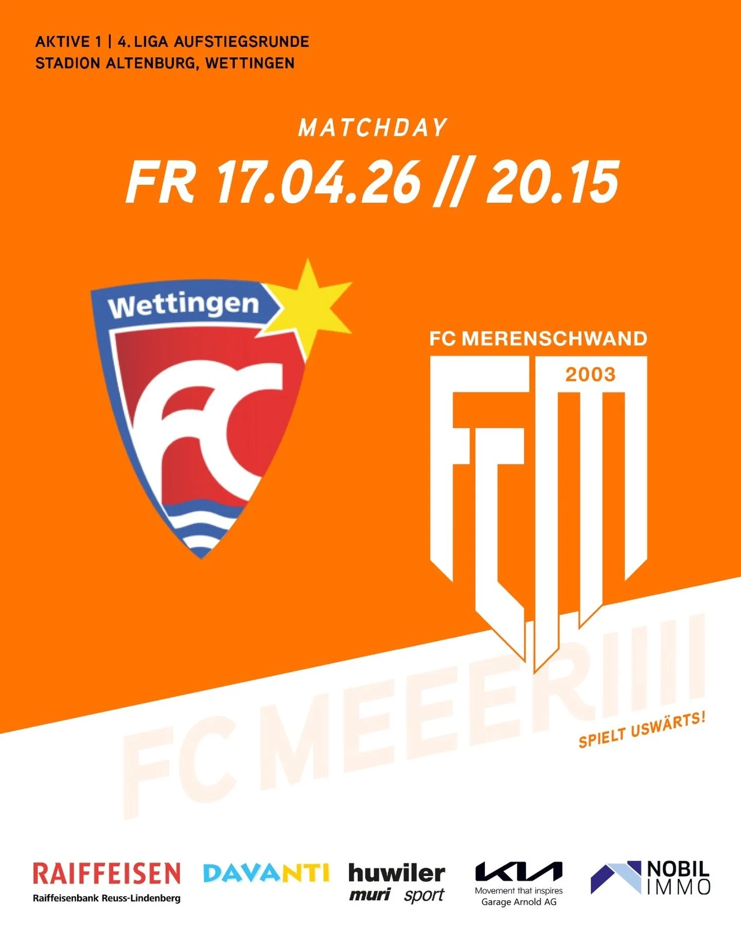 MATCHDAY🔥
F&uuml;r unsere 1. Mannschafft steht heute das n&auml;chste Meisterschaftsspiel an: ausw&auml;rts trifft man auf den FC Wettingen 2, Spielbeginn ist um 20.15 Uhr im Stadion Altenburg in Wettingen.

K&auml;mpfe &amp; Siege, Jungs!🧡🤍
#fcme