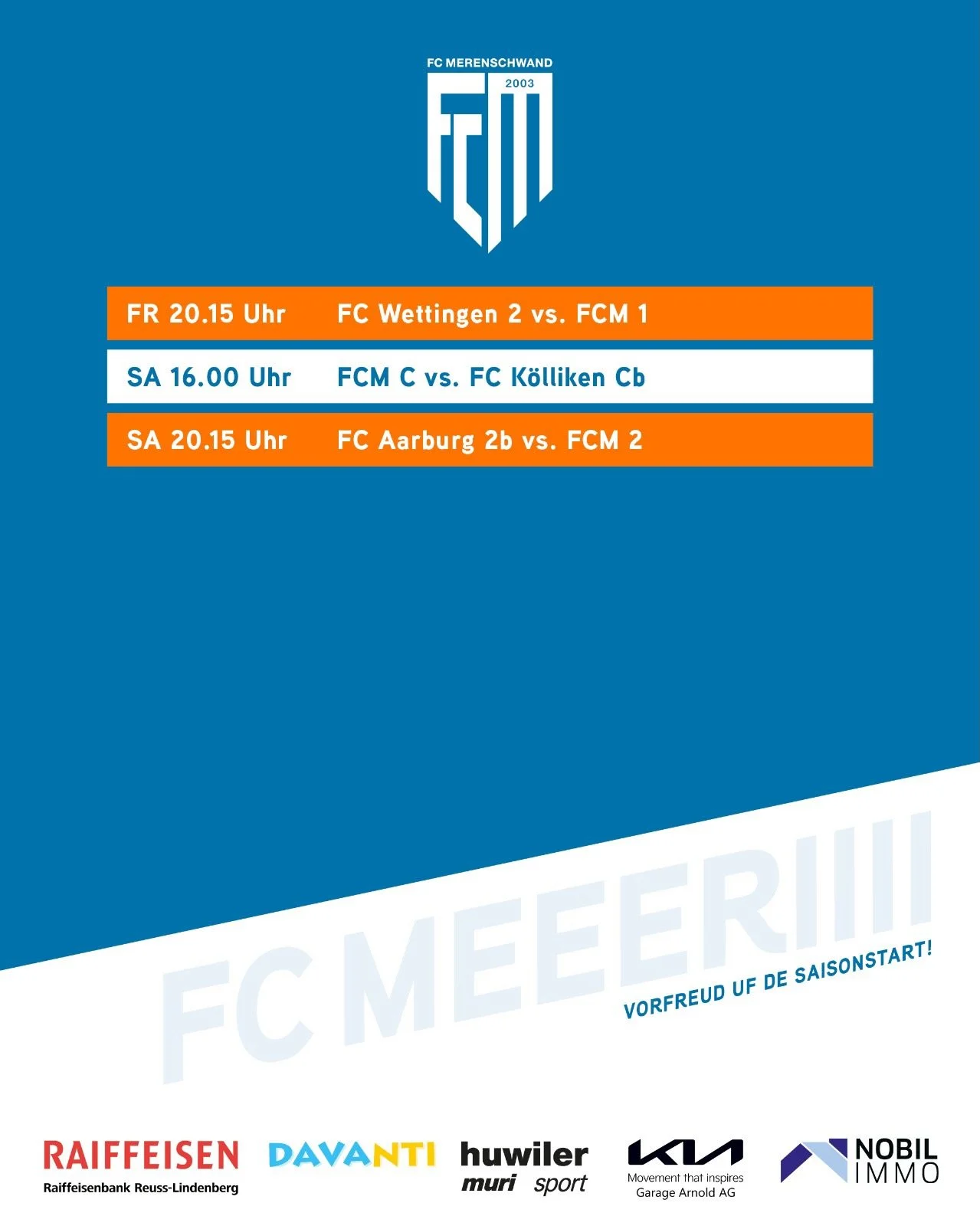 d&lsquo;Spiel vom Wuchen&auml;nd🔥
Nachdem gestern Abend die 1. Mannschaft im Einsatz war, stehen heute zwei weitere Spiele an. Die C-Junioren empfangen um 16 Uhr zuhause den FC K&ouml;lliken, w&auml;hrend die 2. Mannschaft auswarts beim FC Aarburg a