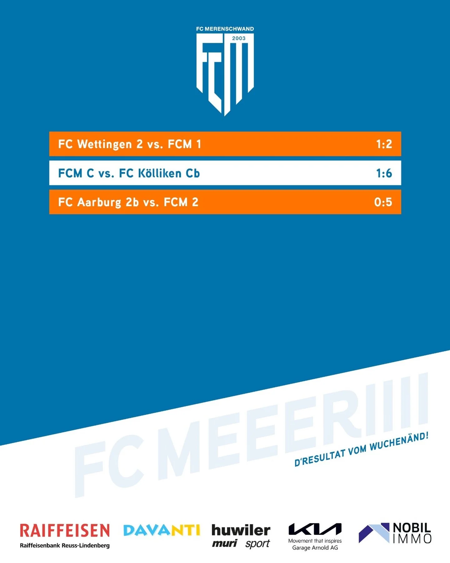 d&rsquo;Result&auml;t vom Wuchen&auml;nd 🧡🤍
Sowohl die 1. wie auch die 2. Mannschaft konnten Ihre Ausw&auml;rtsspiele gewinnen. F&uuml;r die C-Junioren gab es zuhause eine Niederlage gegen den FC K&ouml;lliken. Weiter gehts bereits am Donnerstag f&