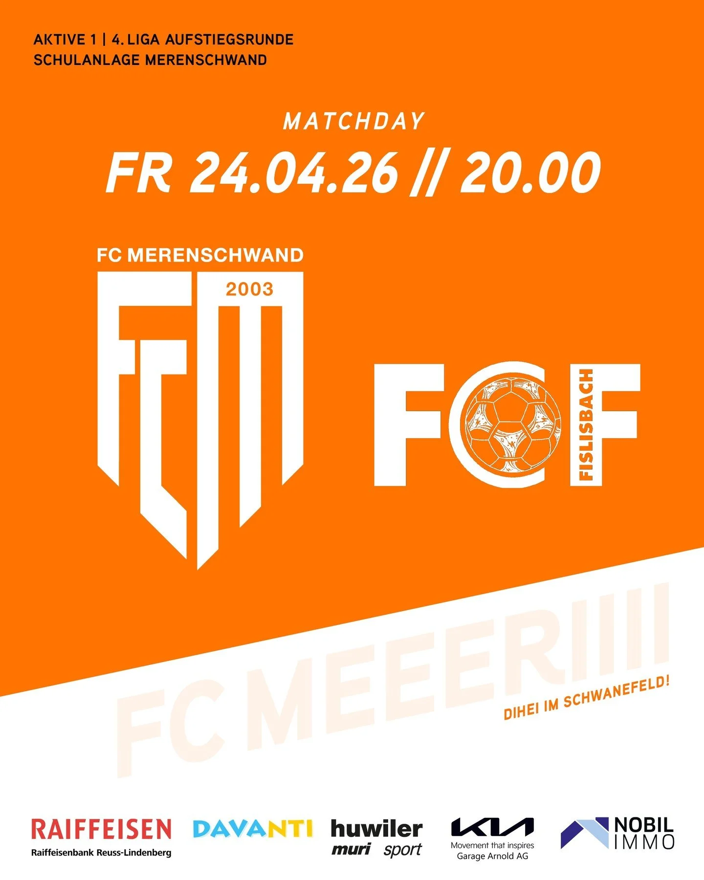 MATCHDAY 🔥 
Heute Abend um 20 Uhr empf&auml;ngt unser Fanionteam den FC Fislisbach 2.
Nach starkem Start mit 6 Punkten aus 3 Spielen soll heute der n&auml;chste Sieg folgen 💪

Chum verbi und unterst&uuml;tz eusi 1.Mannschaft, dihei im Schwanefeld! 