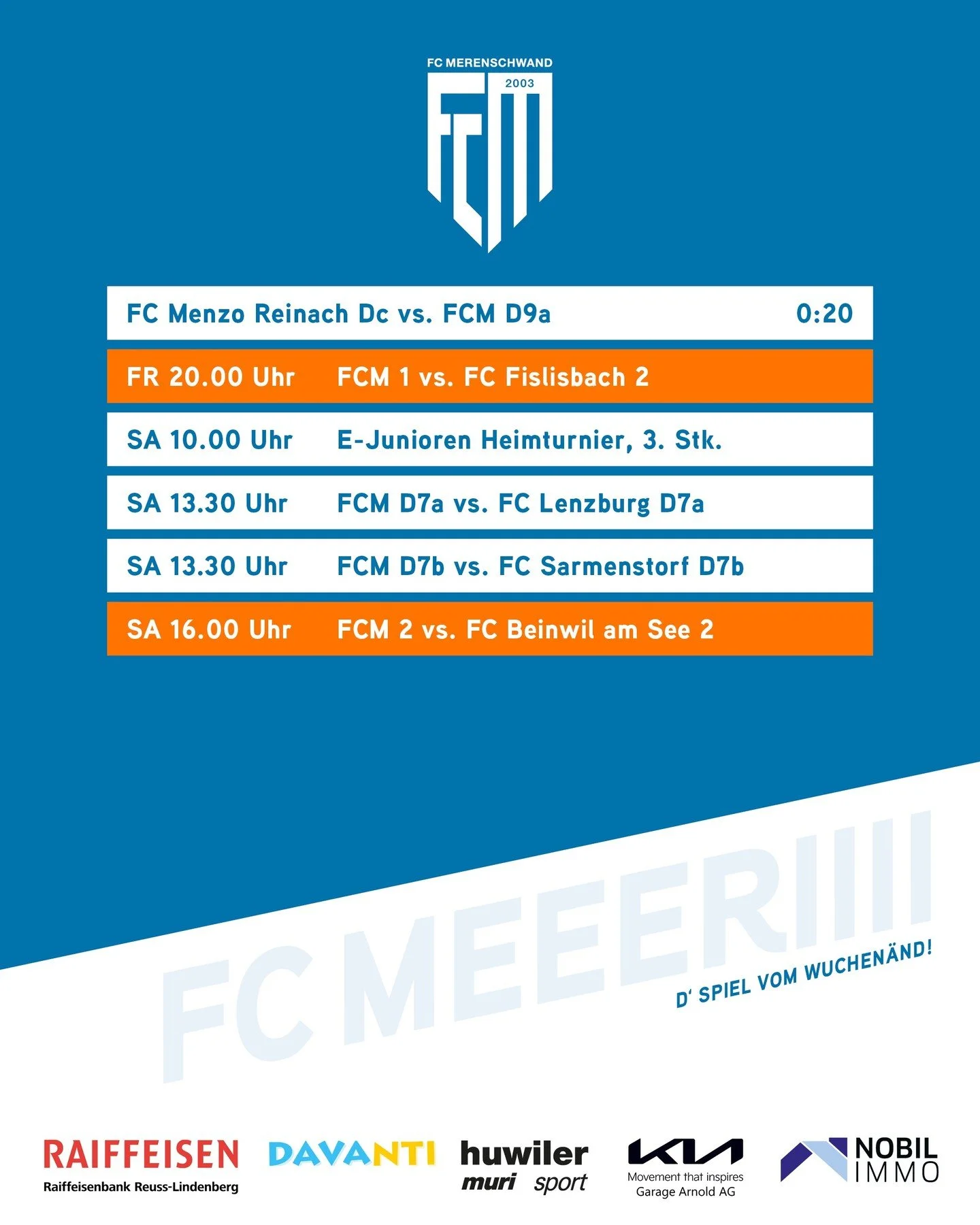 Heimspiel-Weekend in Merenschwand 🔥 
Am Freitagabend spielt unsere 1. Mannschaft gegen FC Fislisbach 2 und will nach zwei Siegen in Folge die n&auml;chsten 3 Punkte einfahren. Am Samstag stehen dann die D7a- und D7b-Junioren im Einsatz, bevor am Nac
