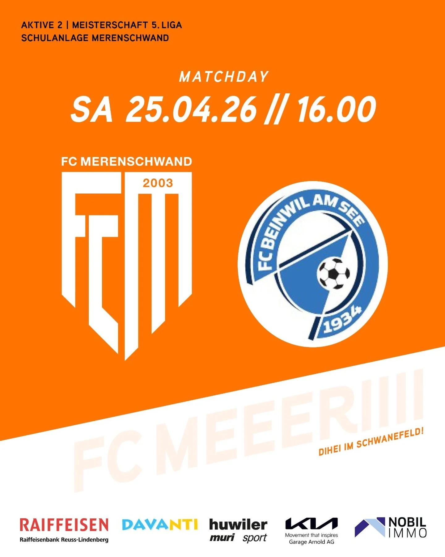 MATCHDAY🔥
Heute Nachmittag spielt unsere 2. Mannschaft zuhause gegen den FC Beinwil am See 2. Bei bestem Fussballwetter sollen die n&auml;chsten 3 Punkte her, wir w&uuml;nschen viel Erfolg! 🧡🤍

#fcmerenschwand #kreisliga #fussballsamstag