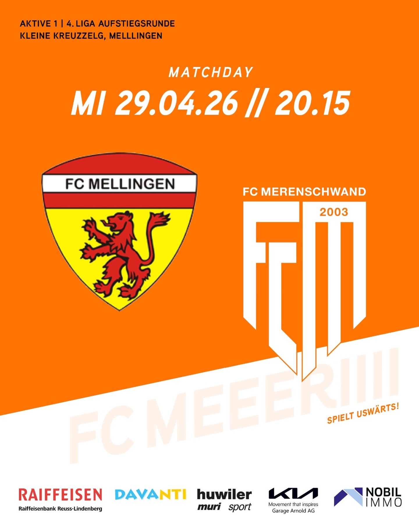 MATCHDAY🔥
Die erste Mannschaft vom FCM trifft heute ausw&auml;rts auf den FC Mellingen 2, Spielbeginn ist um 20.15 Uhr. Kann das Fanionteam die n&auml;chsten 3 Punkte in der Aufstiegsrunde einfahren? Hopp FC Merii 🧡🤍
#fcmerenschwand #matchday #awa