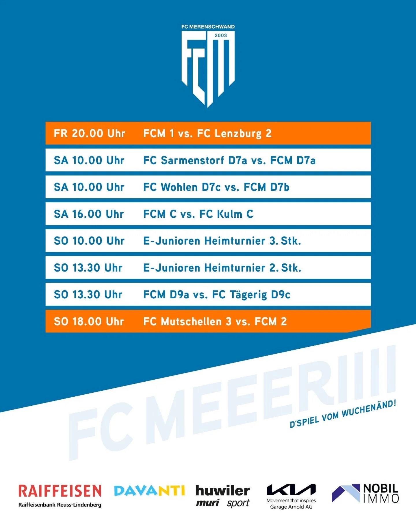 d&lsquo;Spiel vom Wuchen&auml;nd🔥
Heute Abend Heimspiel unserer 1. Mannschaft, am Samstag und Sonntag stehen alle unsere Juniorenteams auf dem Platz, die 2. Mannschaft spielt als letztes und schliesst das Wochenende ausw&auml;rts am Sonntagabend ab.