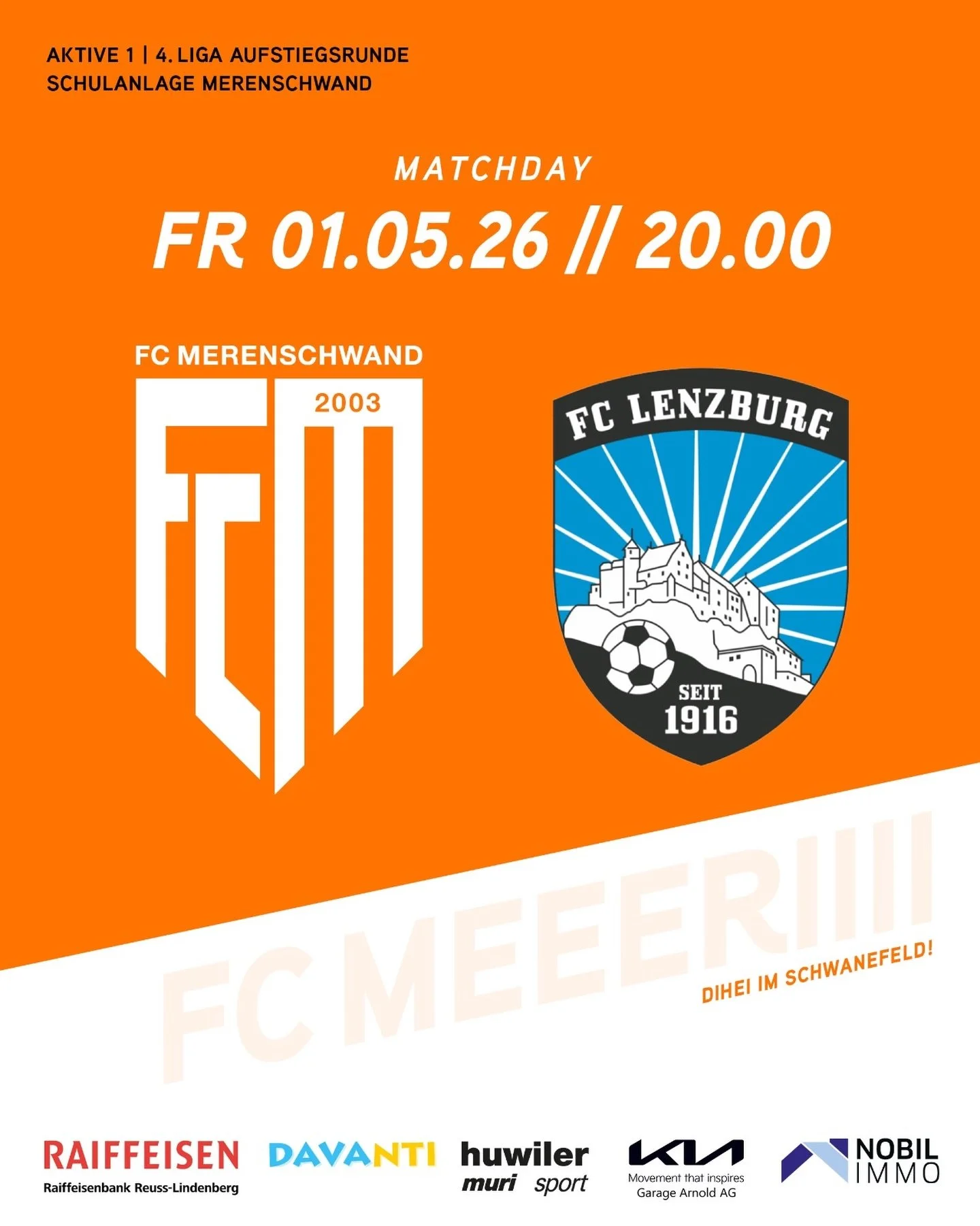 HEIMSPIEL🔥 
2 Spiele in 3 Tagen f&uuml;r unsere 1. Mannschaft: 
nach dem 4:1 Ausw&auml;rtssieg am Mittwoch gegen den FC Mellingen 2, trifft man heute Abend zuhause auf den FC Lenzburg 2, Spielbeginn ist um 20 Uhr. 

Auf geht&rsquo;s Jungs! 🧡🤍
#fcm