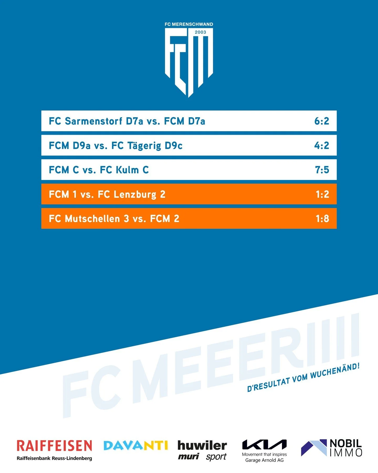 d'Resultat vom Wuchen&auml;nd 🧡🤍
Tolle Siege sowohl f&uuml;r unsere D9a- und C-Junioren. Beide Teams gewinnen zuhause ihre Meisterschaftsspiele. F&uuml;r das D7a reichte es ausw&auml;rts beim FC Sarmenstorf leider nicht ganz zum Sieg.

Auch die bei