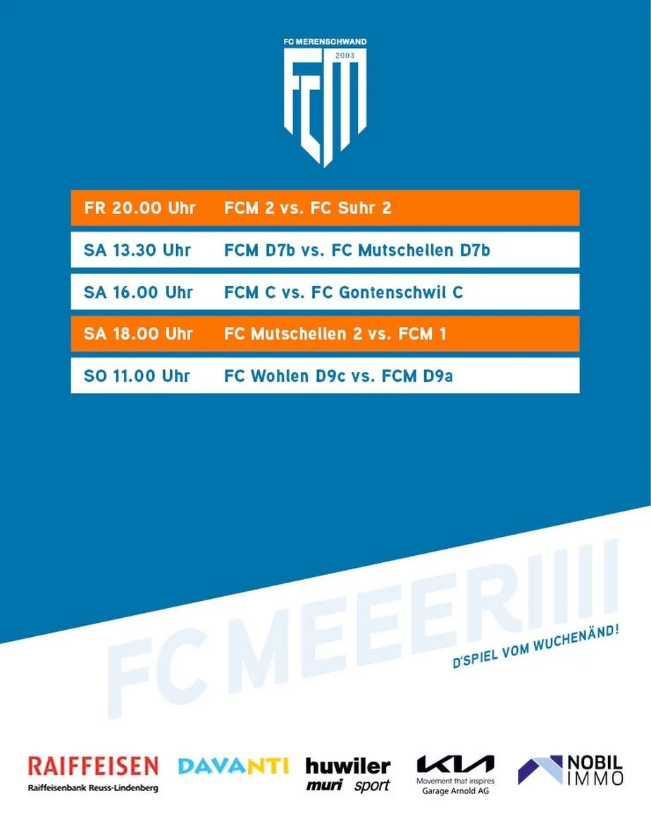 d&lsquo;Spiel vom Wuchen&auml;nd🔥
den Start machen heute unsere Aktiven 2, morgen Samstag und am Sonntag sind dann auch drei Juniorenteams im Einsatz. 

F&uuml;r die 1. Mannschaft geht es Samtag zum Ausw&auml;rtsspiel nach Mutschellen. 

Wir w&uuml;
