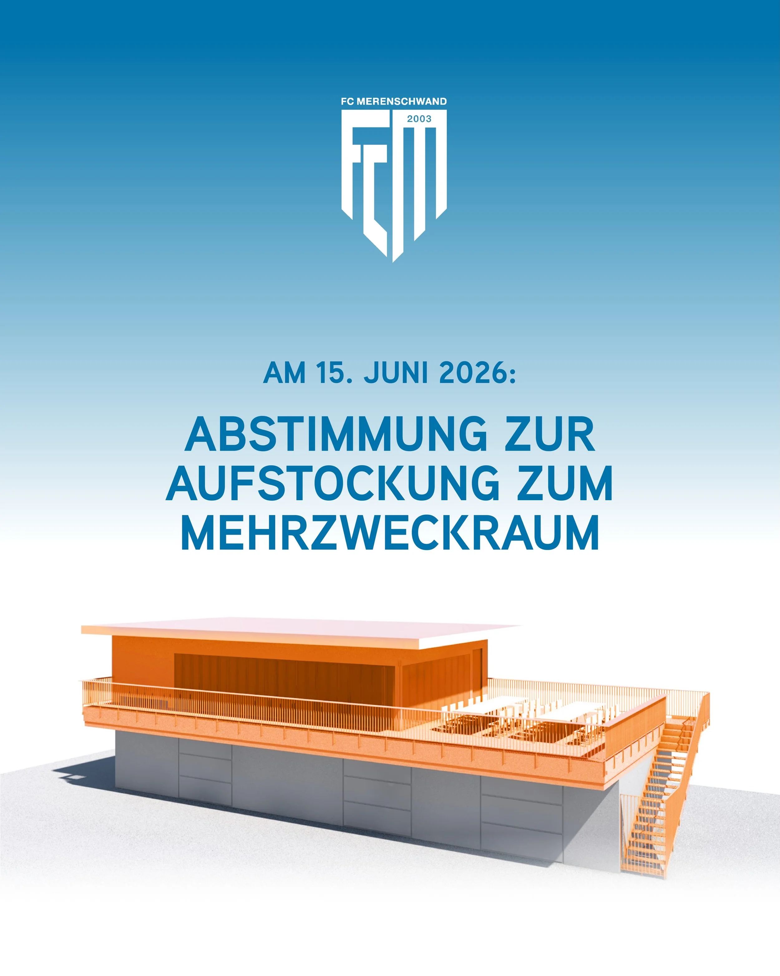 Ein Projekt f&uuml;r die Zukunft des FC Merenschwand 🧡🤍

Mit der geplanten Aufstockung des Aussenger&auml;teraums zum Mehrzweckraum entstehen neue M&ouml;glichkeiten f&uuml;r unseren Verein. Vom zeitgem&auml;ssen Verpflegungsangebot am Spieltag bis