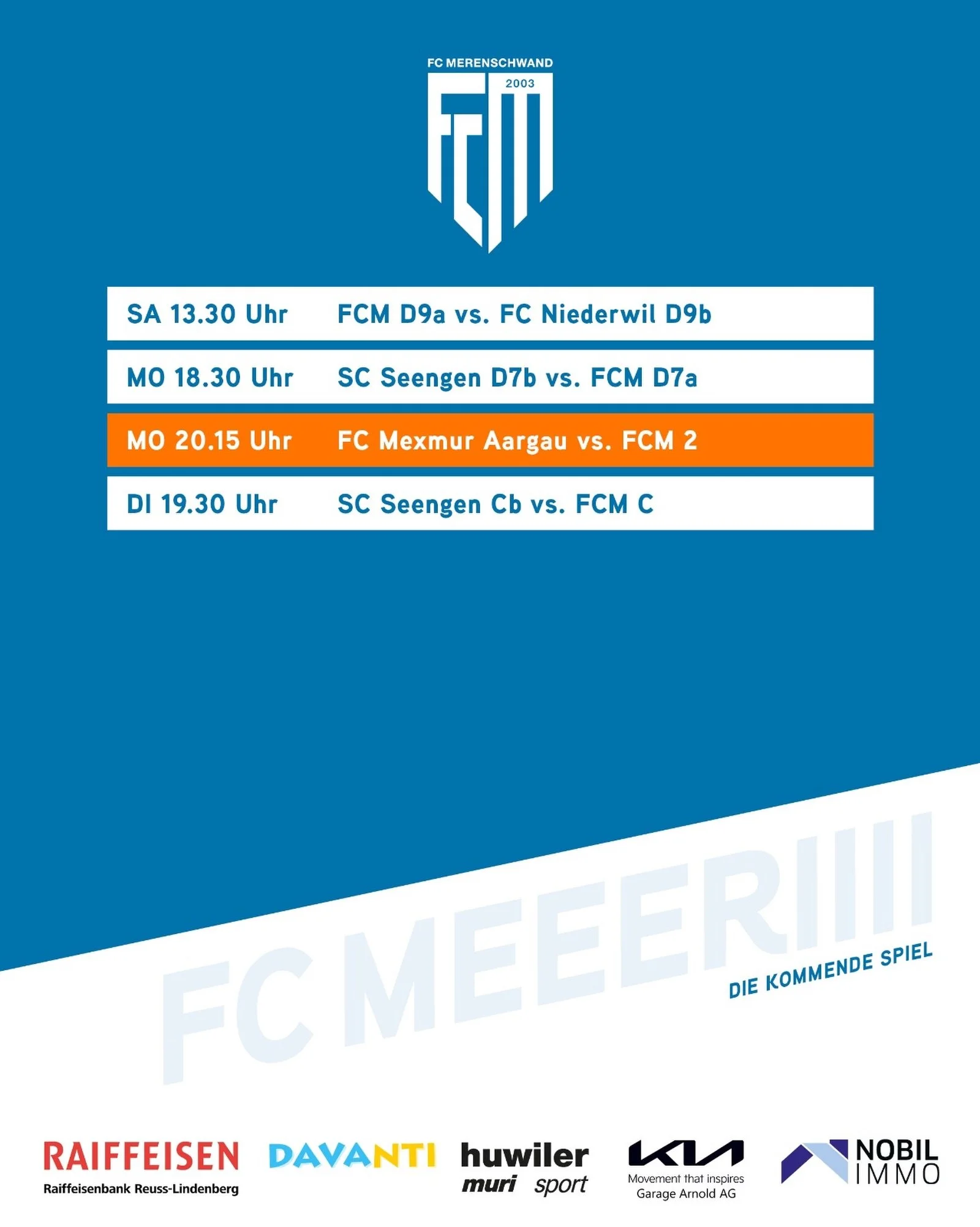die kommende Spiel🔥
Heute Samstag Heimspiel f&uuml;r die D9a-Junioren, das einzige Spiel vom Wochenende. Zum Wochenstart am Montag stehen dann die D7a-Junioren ausw&auml;rts in Seengen im Einsatz, die 2. Mannschaft trifft ausw&auml;rts in Buchs auf 