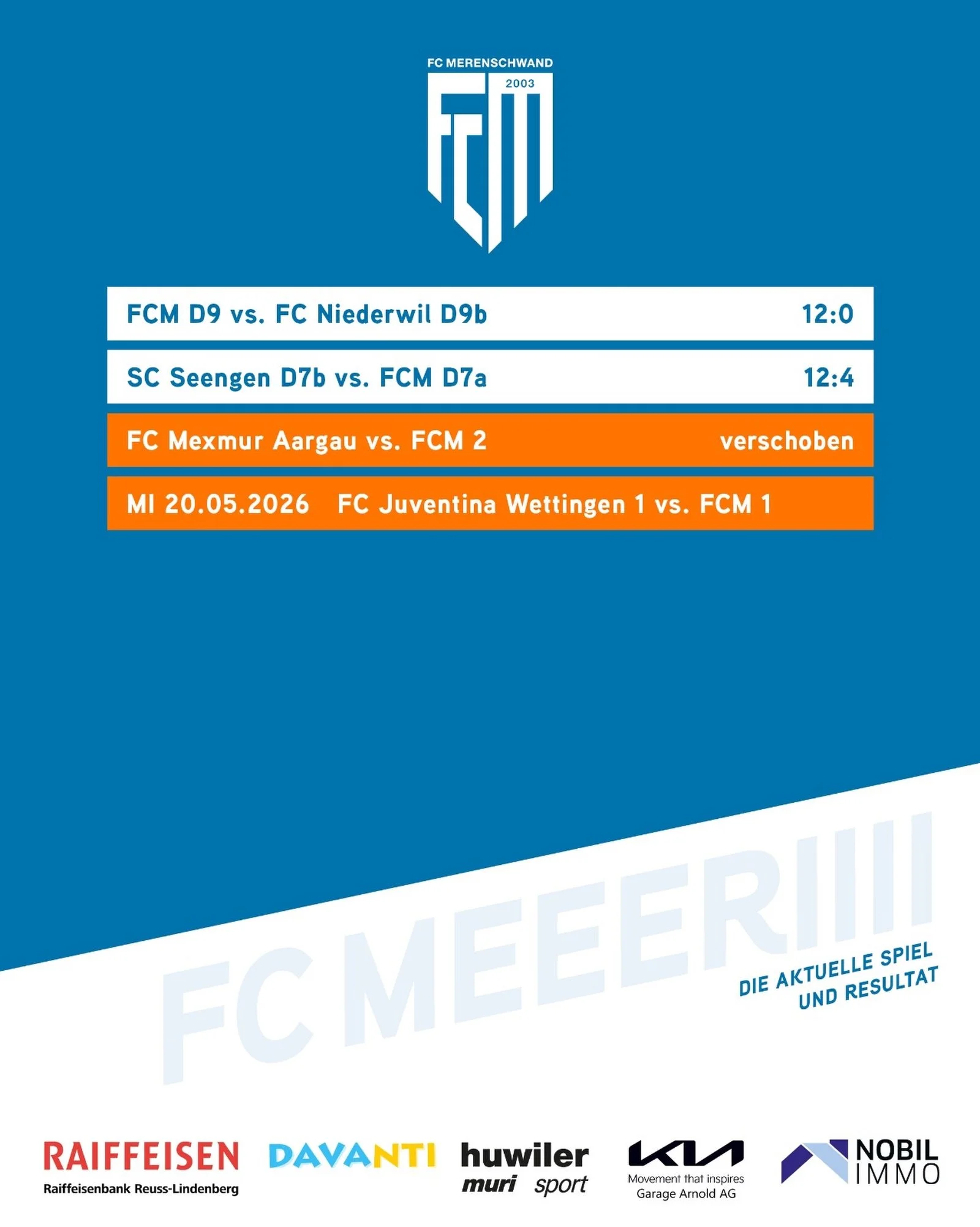 Die aktuelle Spiel und Resultat 🔥
Fantastische Leistung unserer D9-Junioren, welche ihr Meisterschaftsspiel am Wochenende mit 12:0 gewinnen konnten. F&uuml;rs D7a verlief das Spiel weniger erfolgreich, ausw&auml;rts in Seengen musste man sich mit 12