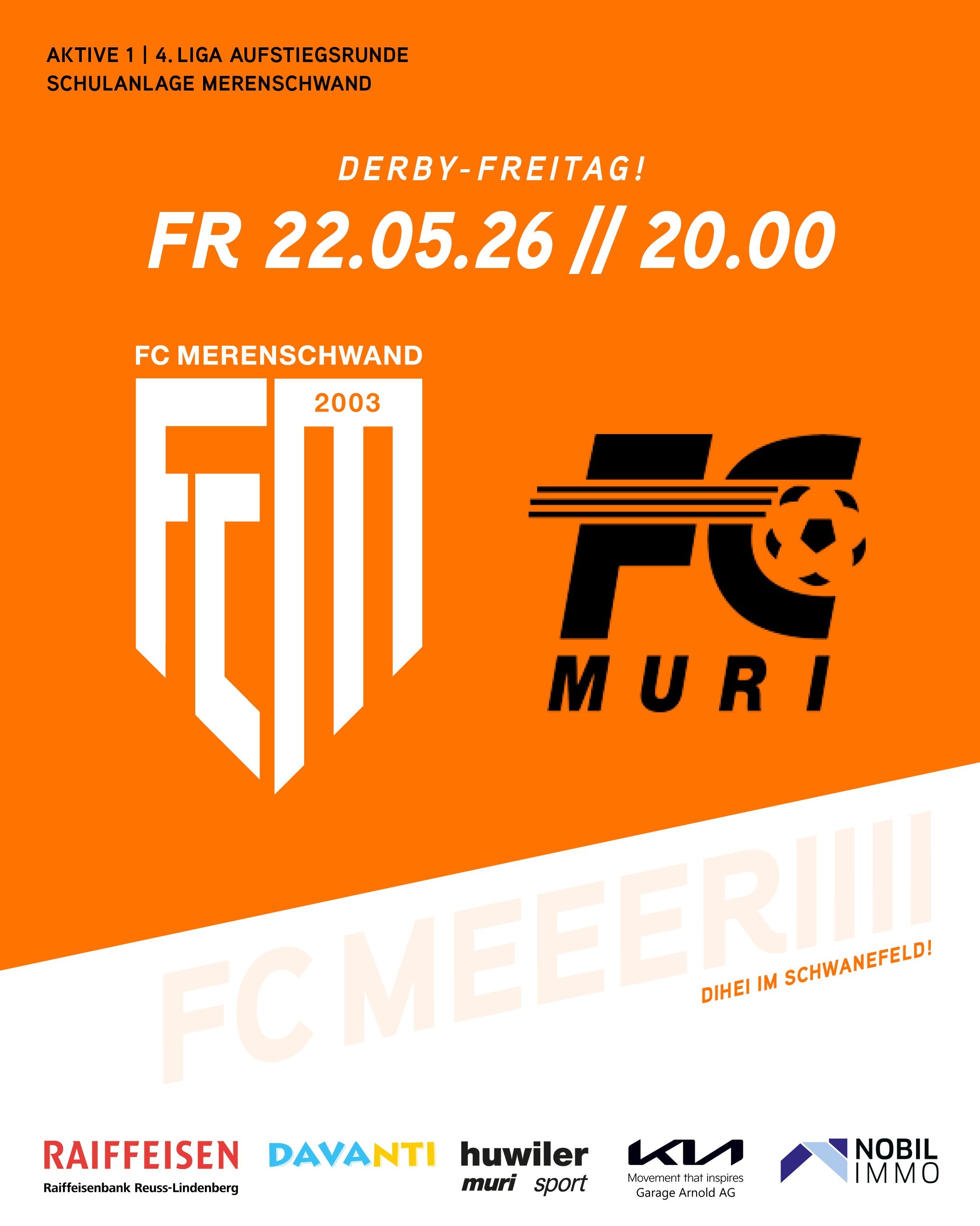 DERBY-FREITAG🔥
Unsere 1. Mannschaft empf&auml;ngt heute Abend den FC Muri 2b, Spielbeginn im Schwanenfeld ist um 20 Uhr. Im Kampf um den Aufstieg sollen im Derby die n&auml;chsten 3 Punkte her.

Holed de Derbysieg! 🧡🤍
#fcmerenschwand #derby #heims