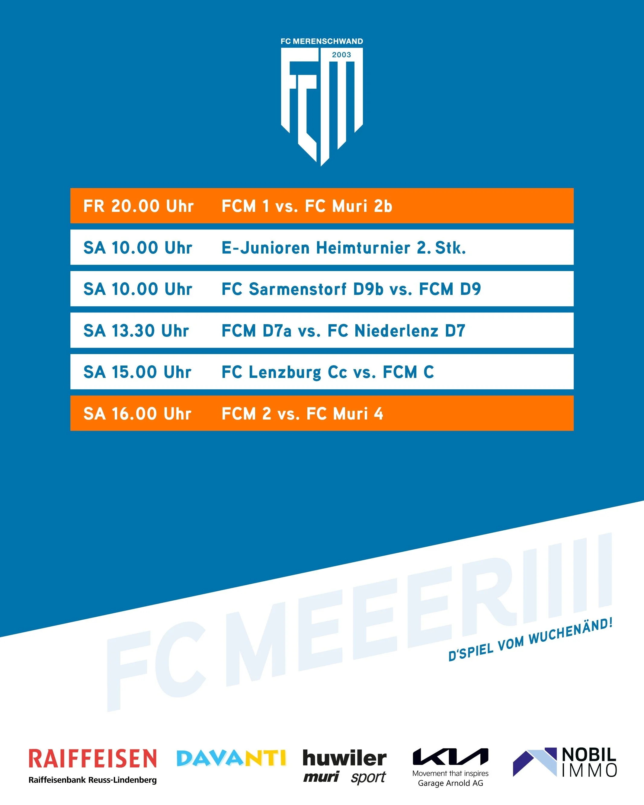 d&lsquo;Spiel vom Wuchen&auml;nd🔥
F&uuml;r die Aktivmannschaften stehen dieses Wochenende direkt zwei Derbys auf dem Programm! Den Start macht unsere 1. Mannschaft heute zuhause gegen den FC Muri 2b, am Samstag empf&auml;ngt die 2. Mannschaft ebenfa