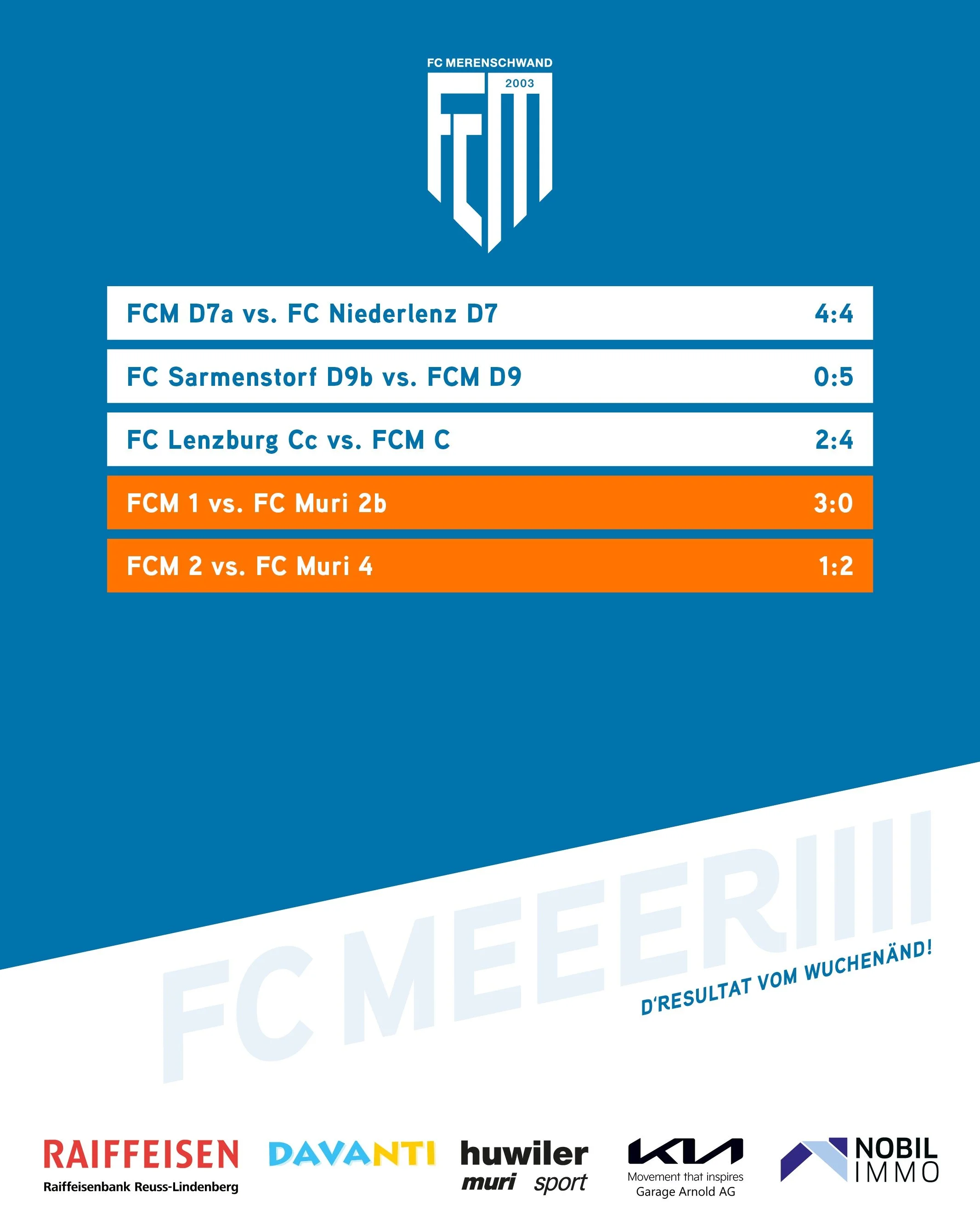 d'Resultat vom Wuchen&auml;nd 🧡🤍
Tolle Siege sowohl f&uuml;r unsere D9a- und C-Junioren. Beide Teams gewinnen ihre Meisterschaftsspiele ausw&auml;rts. F&uuml;r das D7a gab es zuhause gegen den FC Niederlenz D7 ein 4:4 Unentschieden.

Die beiden Akt