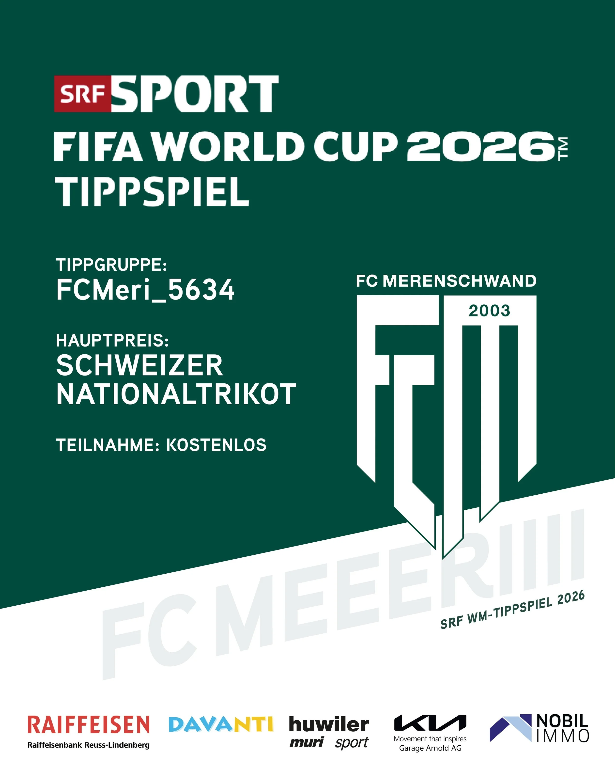 WM-Tippspiel 2026 🏆⚽️

Die WM steht vor der T&uuml;r und wir starten wieder unser SRF-Tippspiel! 🌍🔥

👉 Tippgruppe: FCMeri_5634
👉 Link in der Bio oder Story

✅ Die Teilnahme ist kostenlos.

Teilnahmeberechtigt sind alle, die unserem Instagram, Fa