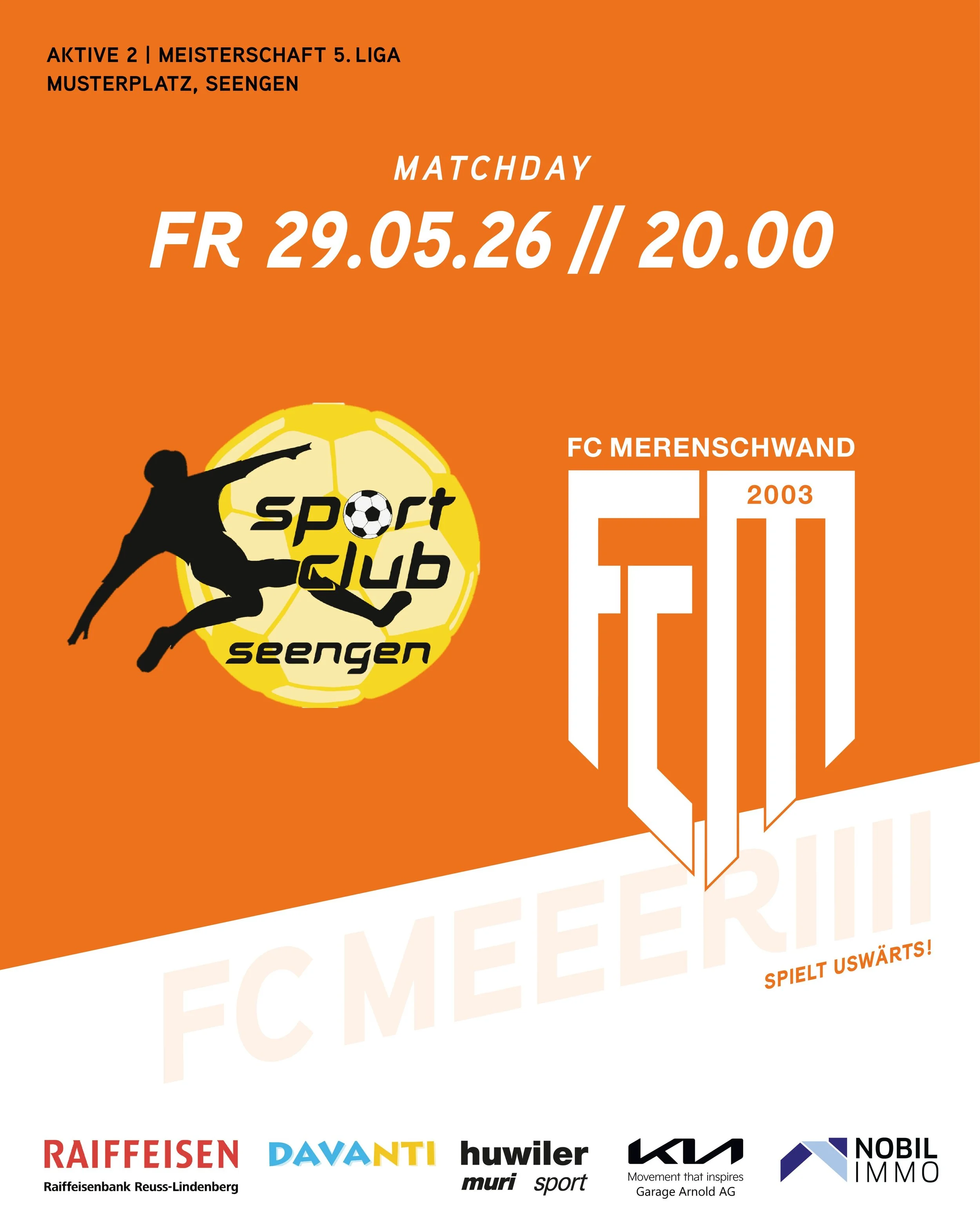 MATCHDAY 🔥
Heute Abend trifft unsere 2. Mannschaft ausw&auml;rts auf den FC Seengen 2, Spielbeginn ist um 20 Uhr. Im Duell zwischen dem 4. und 6. Rang ist f&uuml;r Spannung gesorgt. Hopp FC Meri, holed die 3 P&uuml;nkt hei! 🧡🤍

#fcmerenschwand #kr