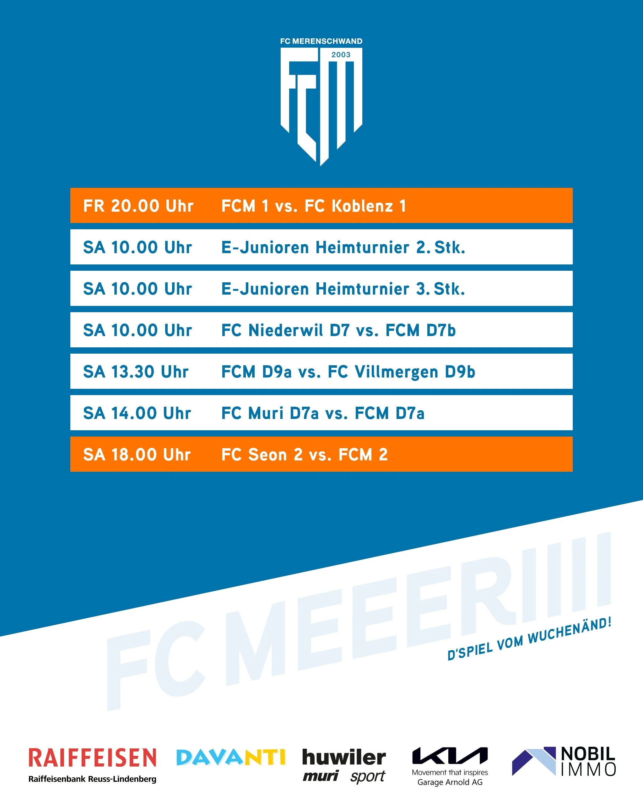 d&uml;Spiel vom Wuchen&auml;nd 🔥⚽️
Dieses Wochenende stehen f&uuml;r einige Teams bereits die letzten Meisterschaftsspiele an.

Den Anfang macht die 1. Mannschaft heute Abend, morgen Vormittag sind die E-Juniorenteams im Heimturnier auf dem Platz un