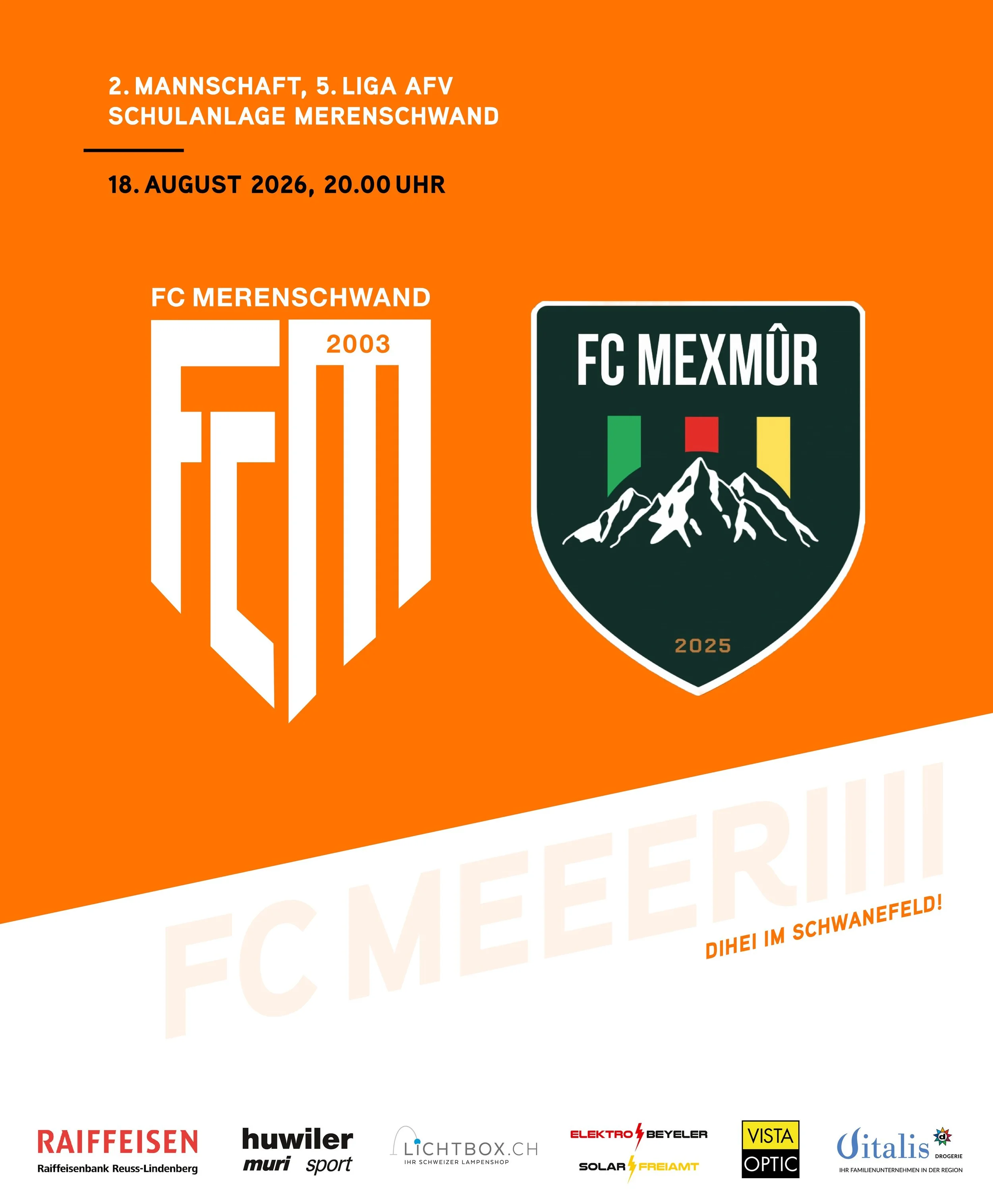 MATCHDAY🔥
Auch unsere 2. Mannschaft startet in die neue Saison 26/27, zum Auftakt heisst der Gegner heute Abend FC Mexmur Aargau. Spielbeginn im heimischen Schwanenfeld ist um 20.00 Uhr.

Hopp FC Meri! 🧡🤍
#fcmerenschwand #heimspiel #5liga