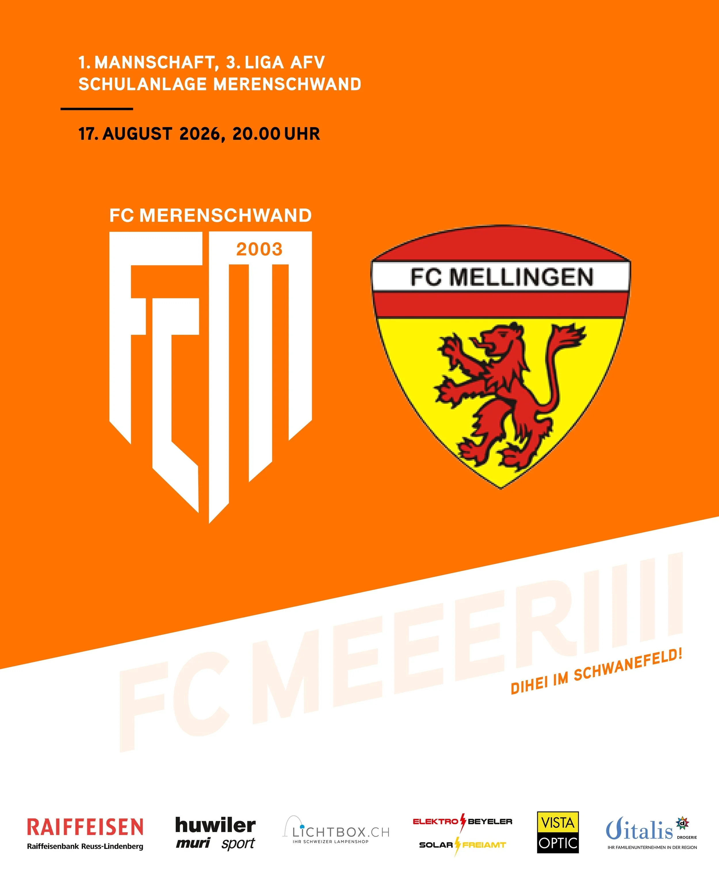 SAISONSTART🔥
Unsere erste Mannschaft trifft heute Abend zuhause auf den FC Mellingen, Spielbeginn ist um 20.00 Uhr.
Gelingt dem Fanionteam nach dem erfolgreichen Aufstieg in die 3. Liga der Start in die neue Saison? 

Wir w&uuml;nschen viel Erfolg! 