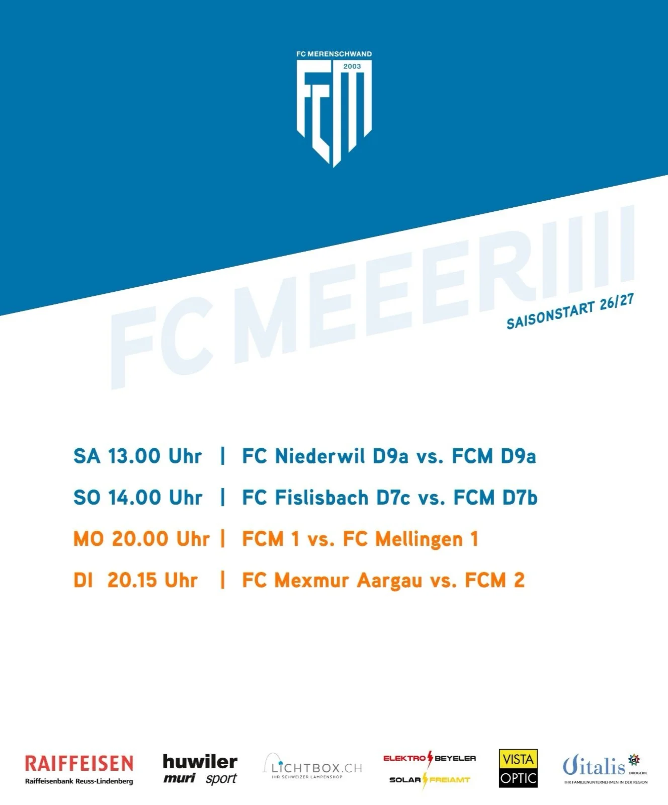 Saisonstart 🧡🤍
Die Sommerpause ist vorbei und endlich geht es wieder los mit FCM-Fussball. Den Anfang machen heute unsere D9a-Junioren ausw&auml;rts in Niederwil, f&uuml;r die D7b-Junioren beginnt die Saison morgen Sonntag in Fislisbach. Unsere Akt