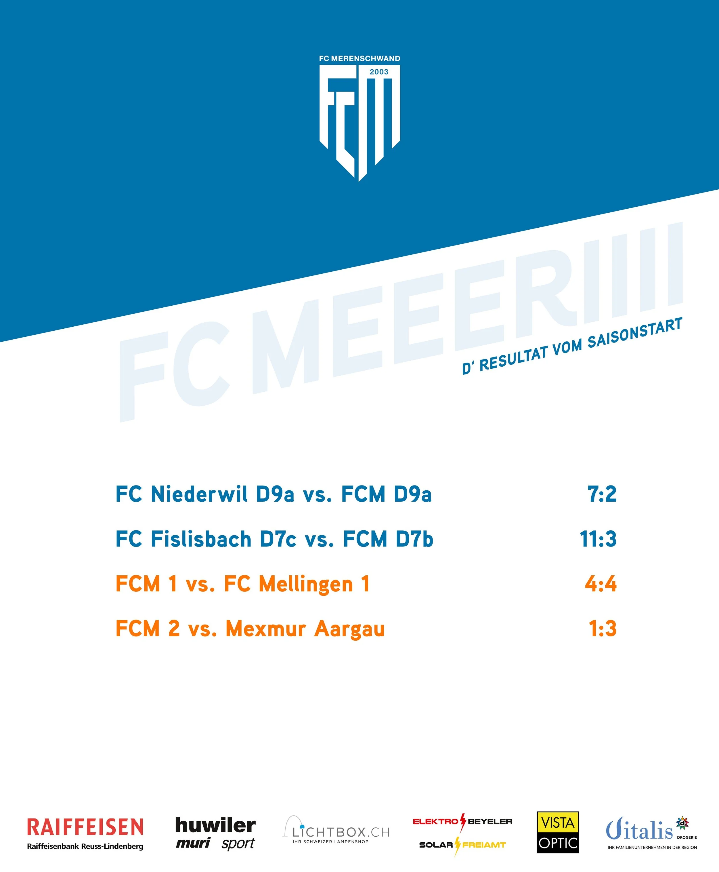 d' Resultat vom Saisonstart:
Die Saison hat wieder gestartet und bereits standen einige unserer Teams wieder im Einsatz. F&uuml;r die D9a- und D7b-Junioren verlief das erste Spiel nicht wunschgem&auml;ss.

Auch die Aktiven konnten sich zum Auftakt no