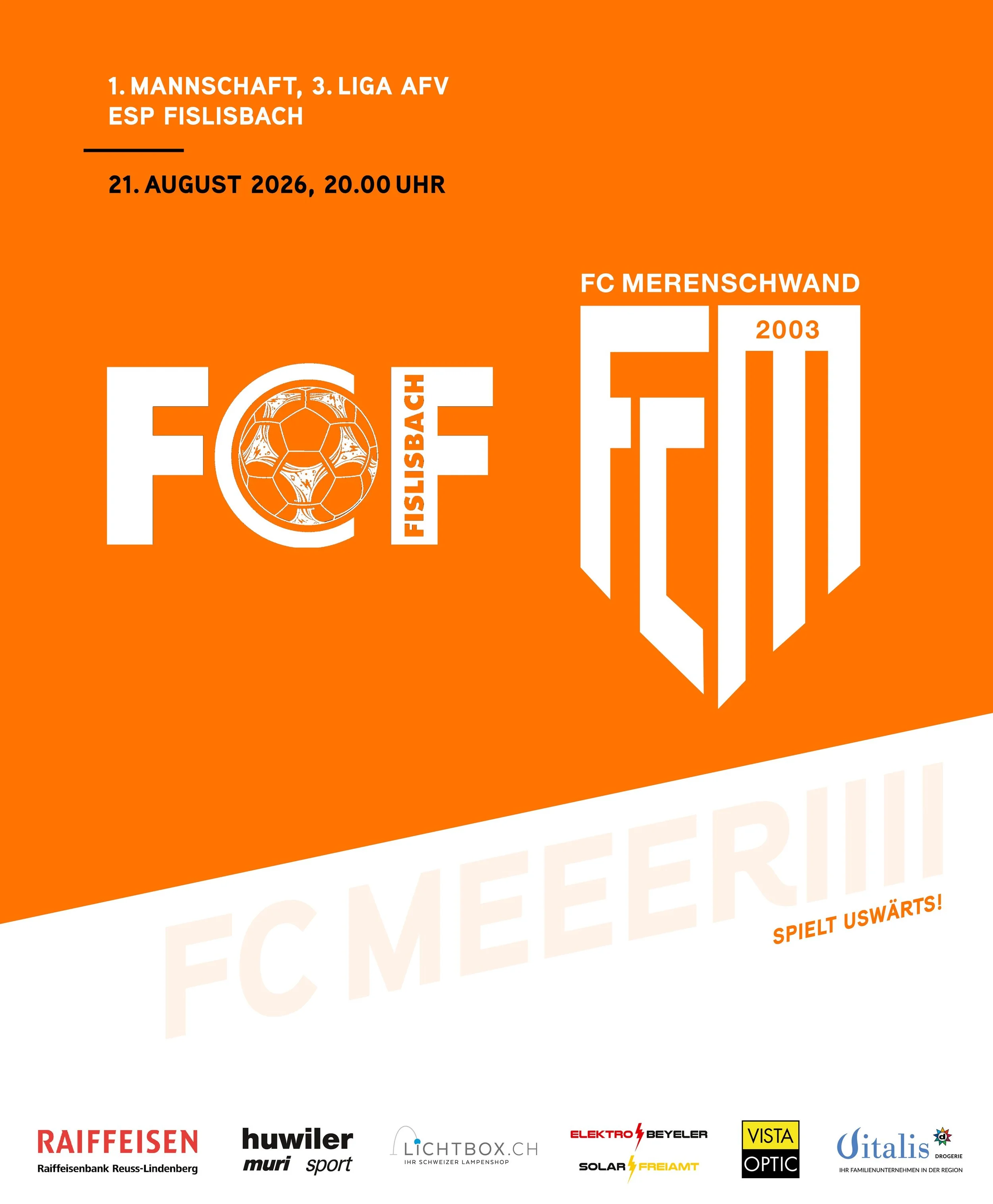 MATCHDAY🔥
Unsere 1. Mannschaft trifft heute Abend ausw&auml;rts auf den FC Fislisbach! Nach dem erfolgreichen Meisterschaftsstart und dem ersten Punkt gegen den FC Mellingen will das Team heute den positiven Schwung mitnehmen und die n&auml;chsten P