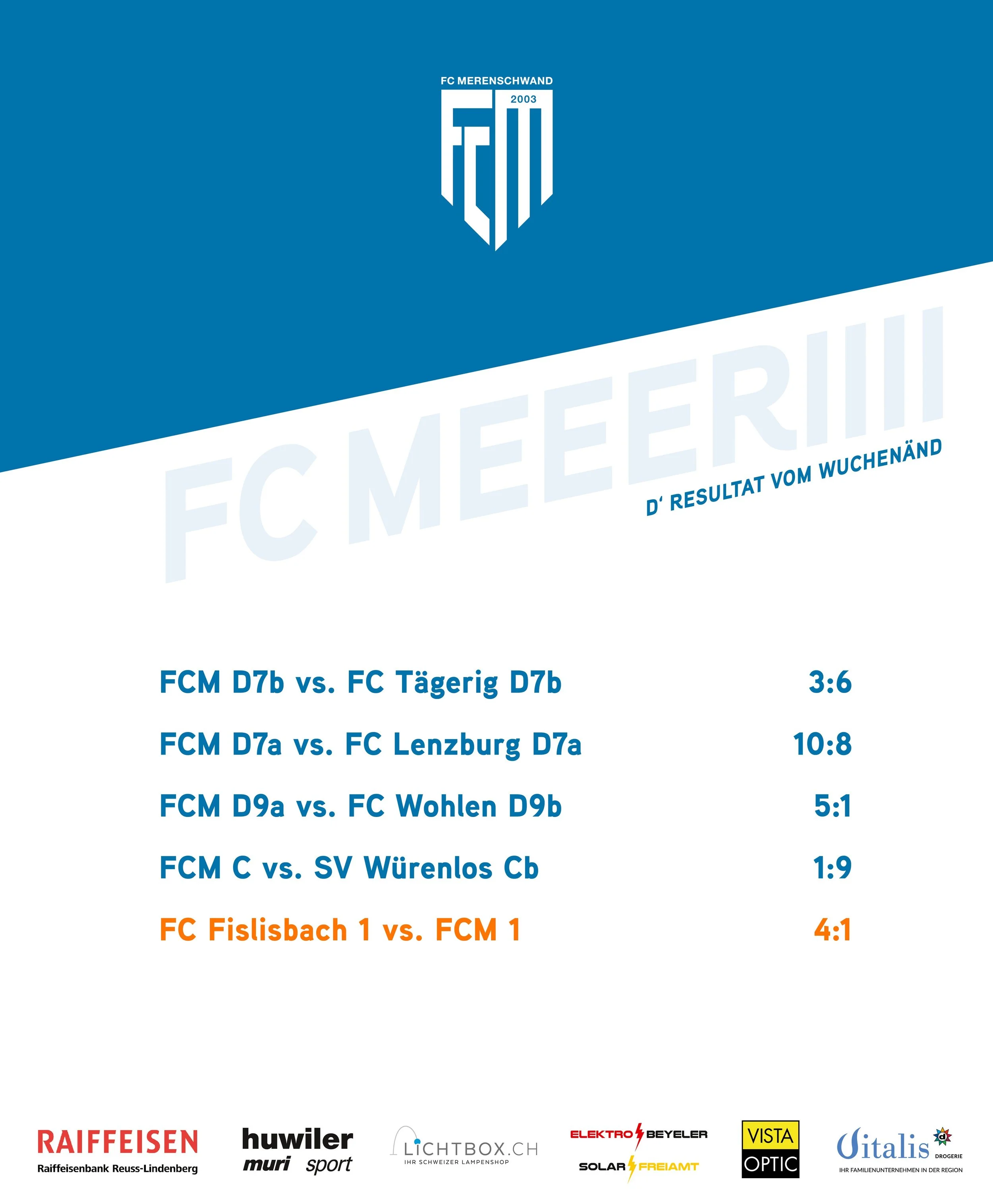 d' Resultat vom Wuchen&auml;nd:
Am Freitag traf die 1. Mannschaft ausw&auml;rts auf den FC Fislisbach. Eine junge, spielstarke Mannschaft dominierte das Spielgeschehen und besch&auml;ftigte den FCM mehrheitlich mit Defensivaufgaben. Trotz Anschlusstr