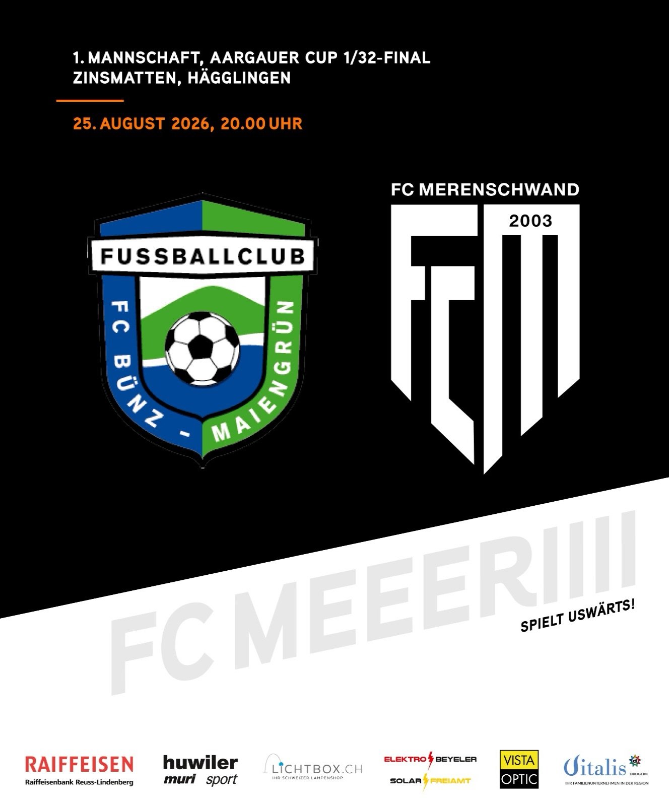 MATCHDAY🔥
Unsere 1. Mannschaft trifft heute Abend im 1/32-Finale vom Aargauer Cup auf den FC B&uuml;nz-Maiengr&uuml;n. Das Cupspiel beginnt um 20 Uhr auf der Zinsmatten in H&auml;gglingen. 

Auf gehts, FC Meri! 🧡🤍
#fcmerenschwand #awaygame #aargau