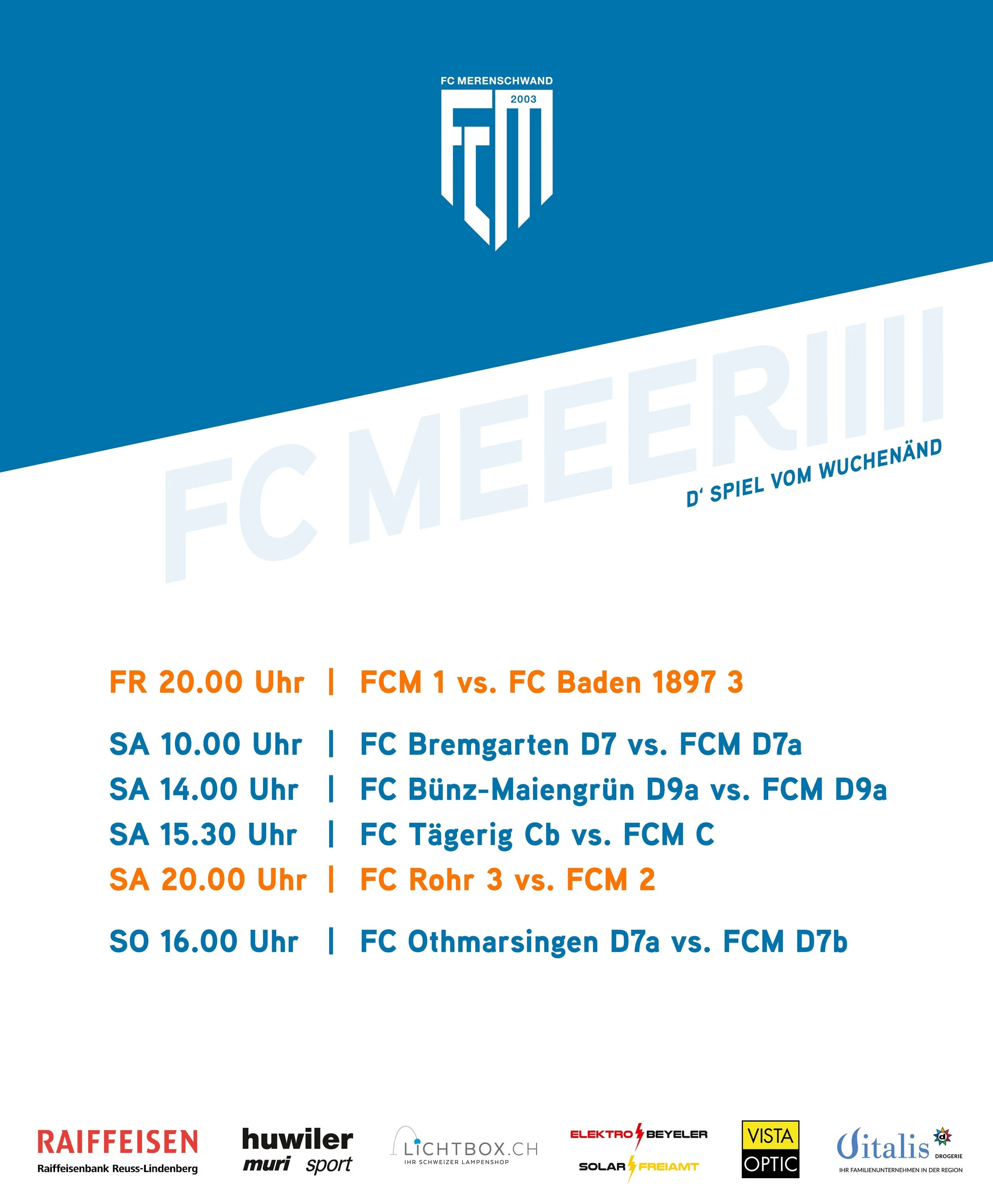 d'Spiel vom Wuchen&auml;nd🔥
Heute Abend trifft unsere 1. Mannschaft zuhause auf dritte Mannschaft des FC Baden1897.

Am Samstag und Sonntag sind dann unsere Juniorenteams alle ausw&auml;rts im Einsatz. F&uuml;r die 2. Mannschaft steht am Samstagaben