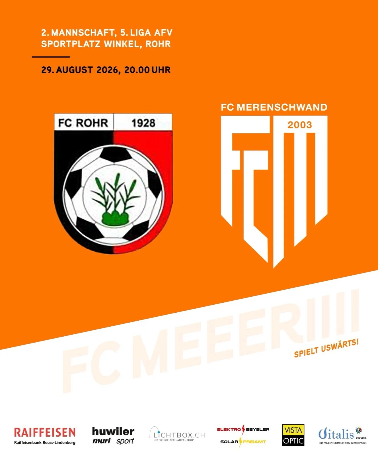 MATCHDAY🔥
Unsere zweite Mannschaft trifft heute Abend ausw&auml;rts auf den FC Rohr, Spielbeginn ist um 20 Uhr.

Holed die Usw&auml;rts-Sieg, Jungs! 🧡🤍
#fcmerenschwand #awaygame #kreisliga