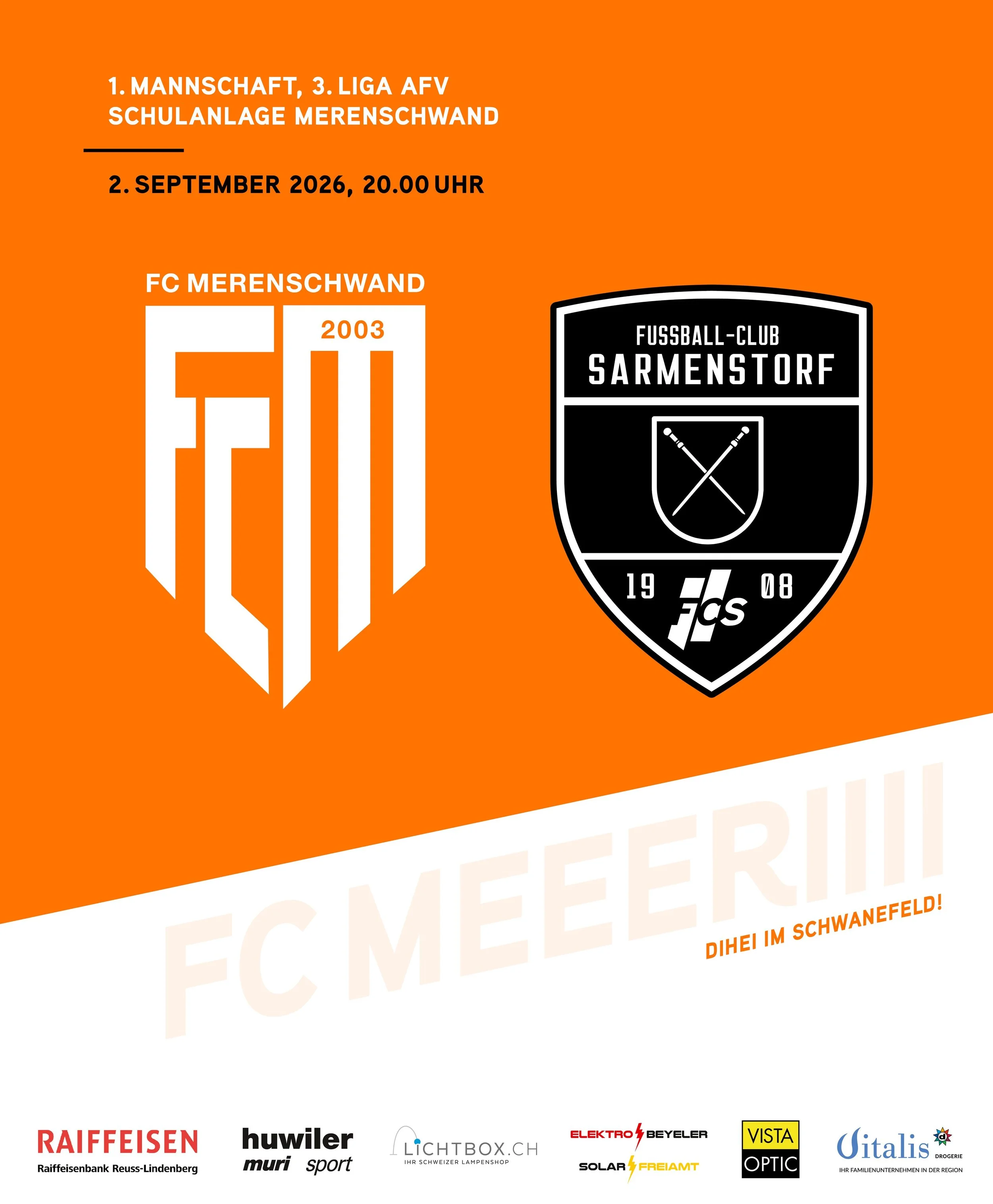 MATCHDAY🔥
Unsere erste Mannschaft trifft heute Abend zuhause auf den FC Sarmenstorf.

Die G&auml;ste sind stark in die Saison gestartet und mit 4 Punkten aus 2 Spielen bis anhin noch ungeschlagen. Das Heimteam m&ouml;chte dies heute Abend &auml;nder