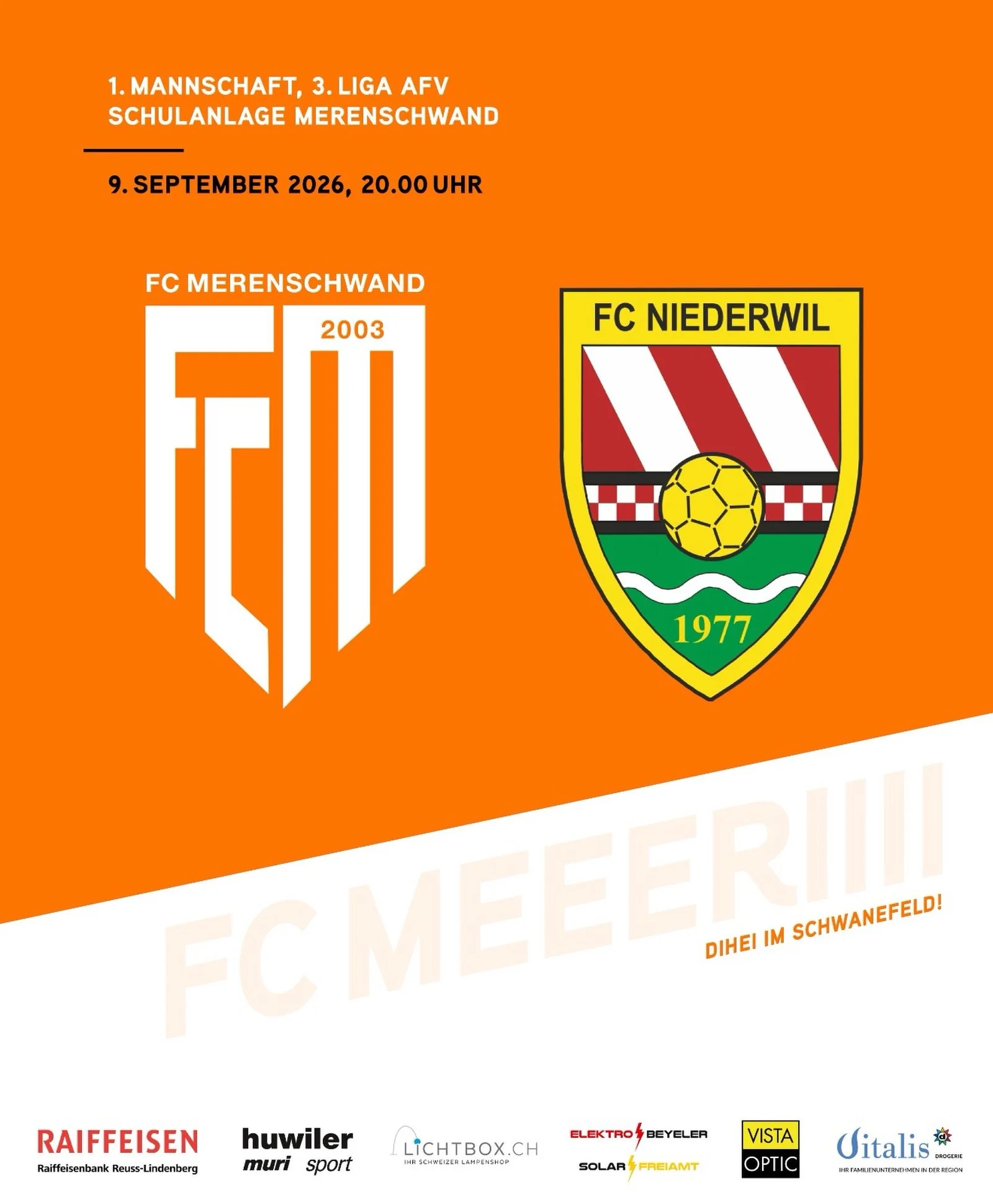 MATCHDAY🔥
Unsere erste Mannschaft trifft heute Abend zuhause auf den FC Niederwil. Spielbeginn ist um 20 Uhr in Merenschwand, Nuno&rsquo;s Beizli hat ge&ouml;ffnet. Die beiden Teams freuen sich auf ein faires Spiel mit zahlreichen Zuschauern.

K&aum