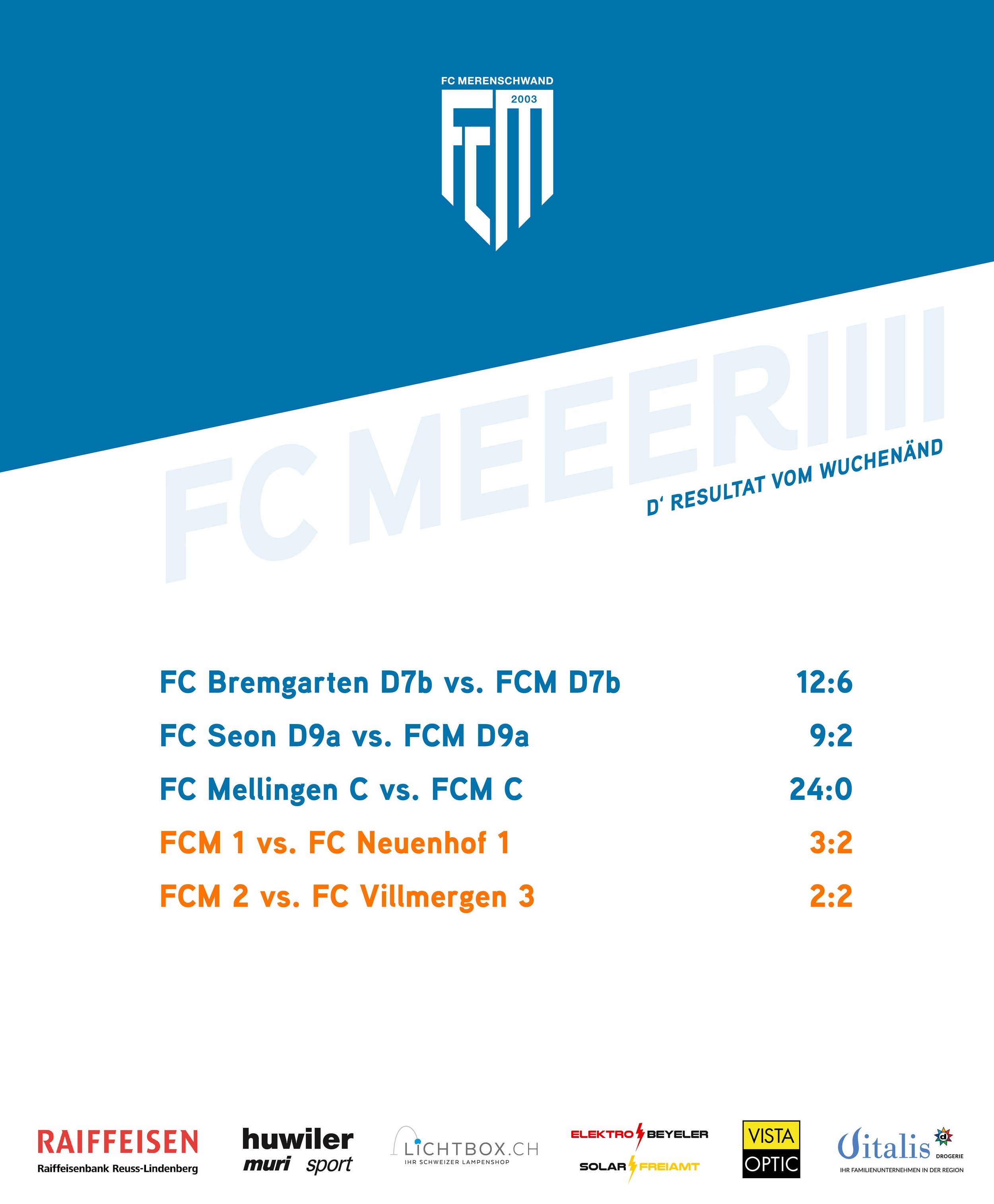 d&lsquo; Resultat vom Wuchen&auml;nd 🧡🤍

Drei Niederlagen f&uuml;r unsere Juniorenteams, daf&uuml;r waren die Aktiven erfolgreicher. Nachdem sich am Freitagabend die 2. Mannschaft zuhause gegen den Tabellenf&uuml;hrer ein 2:2 Untentschieden erk&aum