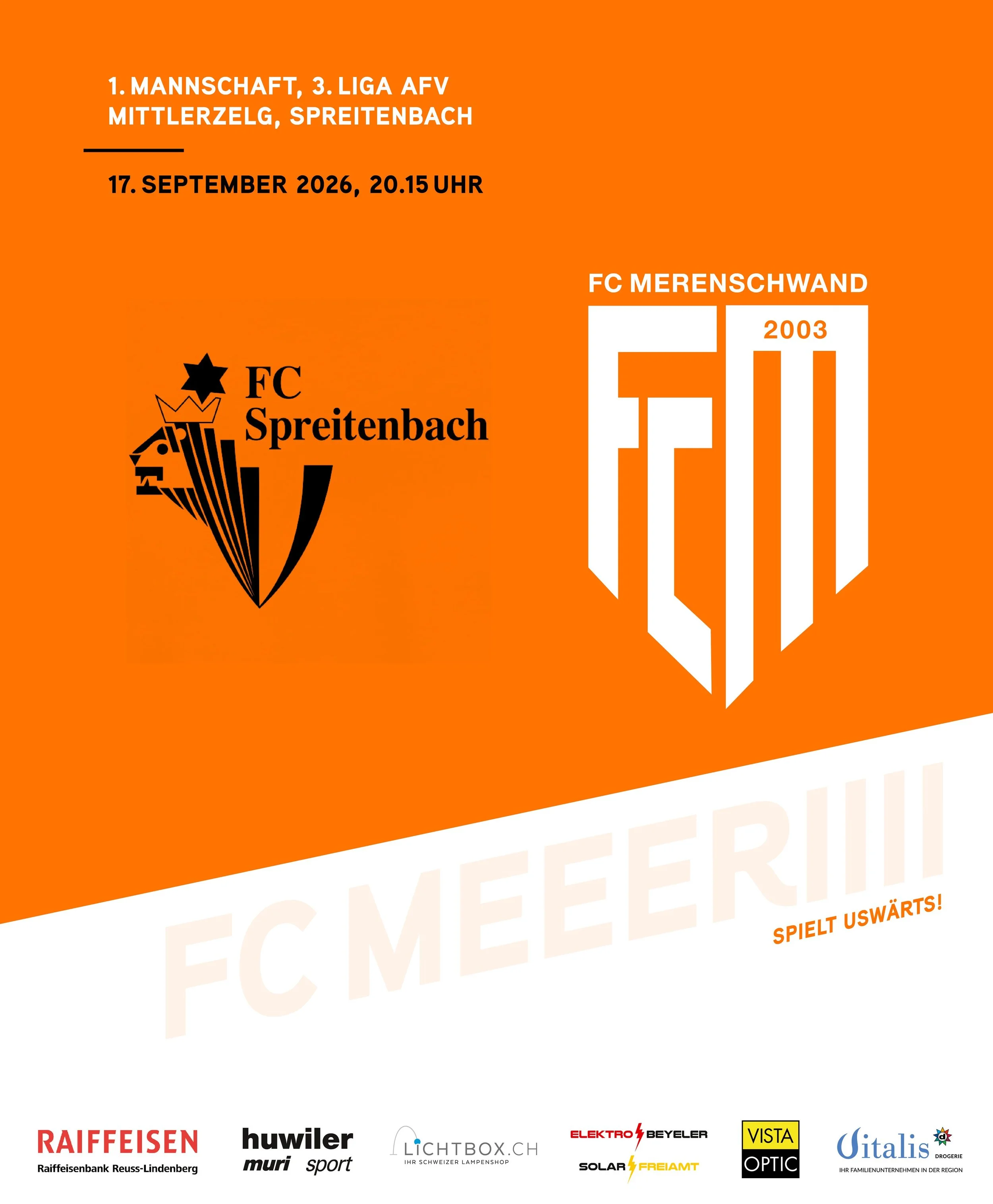 MATCHDAY🔥
Heute stehen unsere beiden Aktivmannschaften im Einsatz: die 1. Mannschaft trifft ausw&auml;rts auf den FC Spreitenbach, w&auml;hrend die 2. Mannschaft sich ebenfalls ausw&auml;rts mit dem FC Rupperswil 2 messen darf. Die Spiele beginnen u